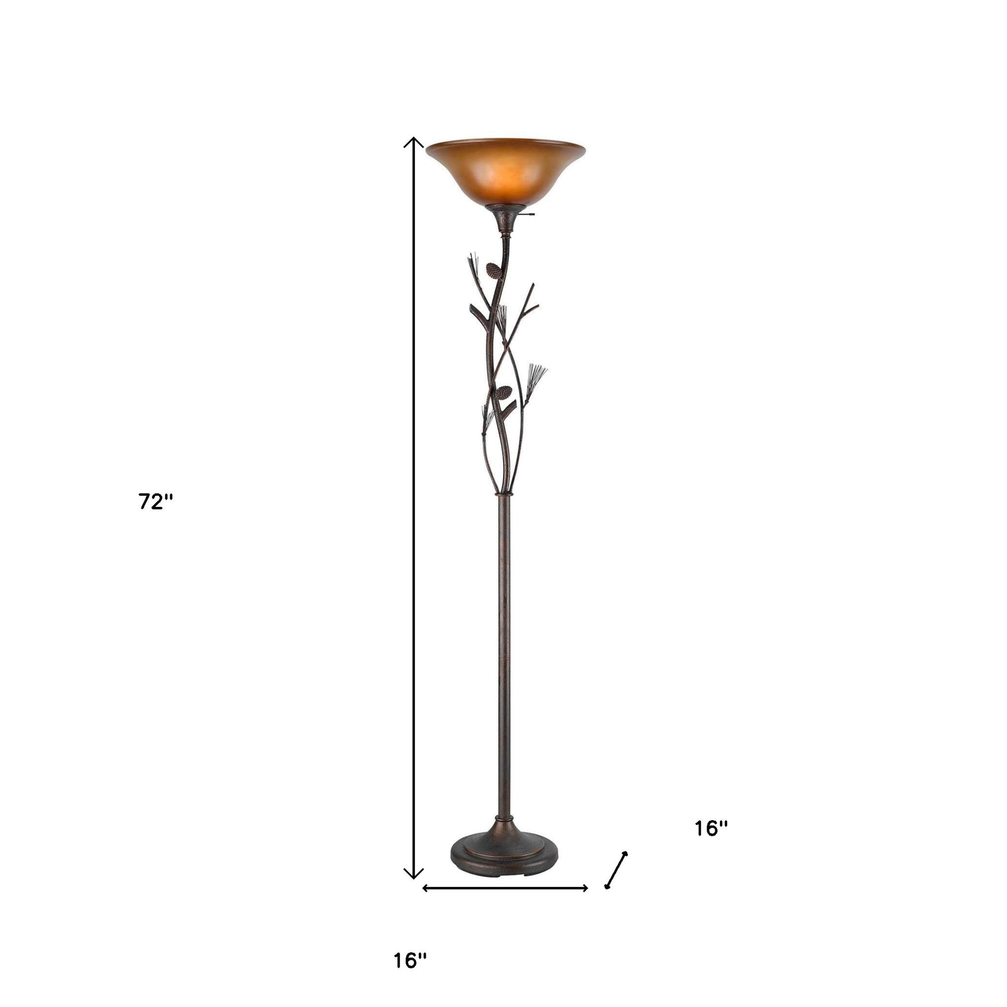 72" Rusted Torchiere Floor Lamp With Brown Frosted Glass Dome Shade