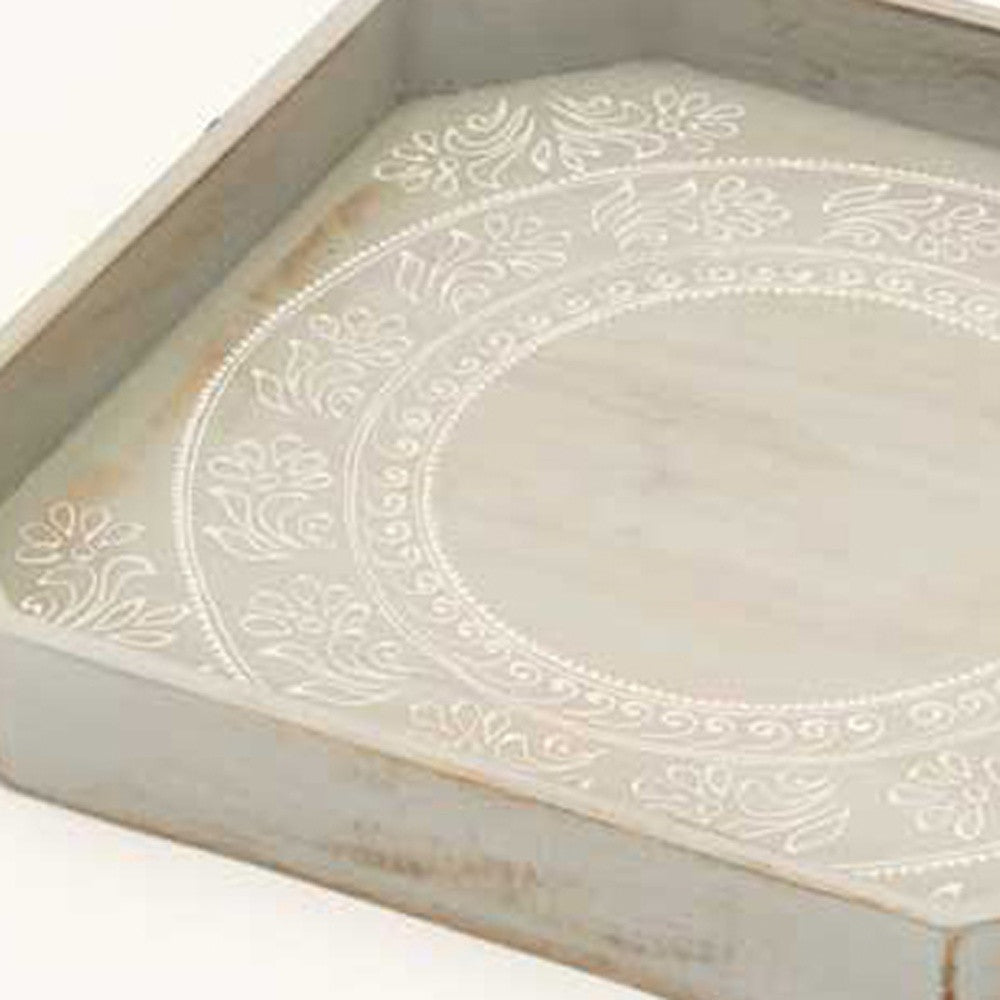 Set Of Two Gray and White Octagon Solid Wood Paisley Handmade Serving Tray With Handles