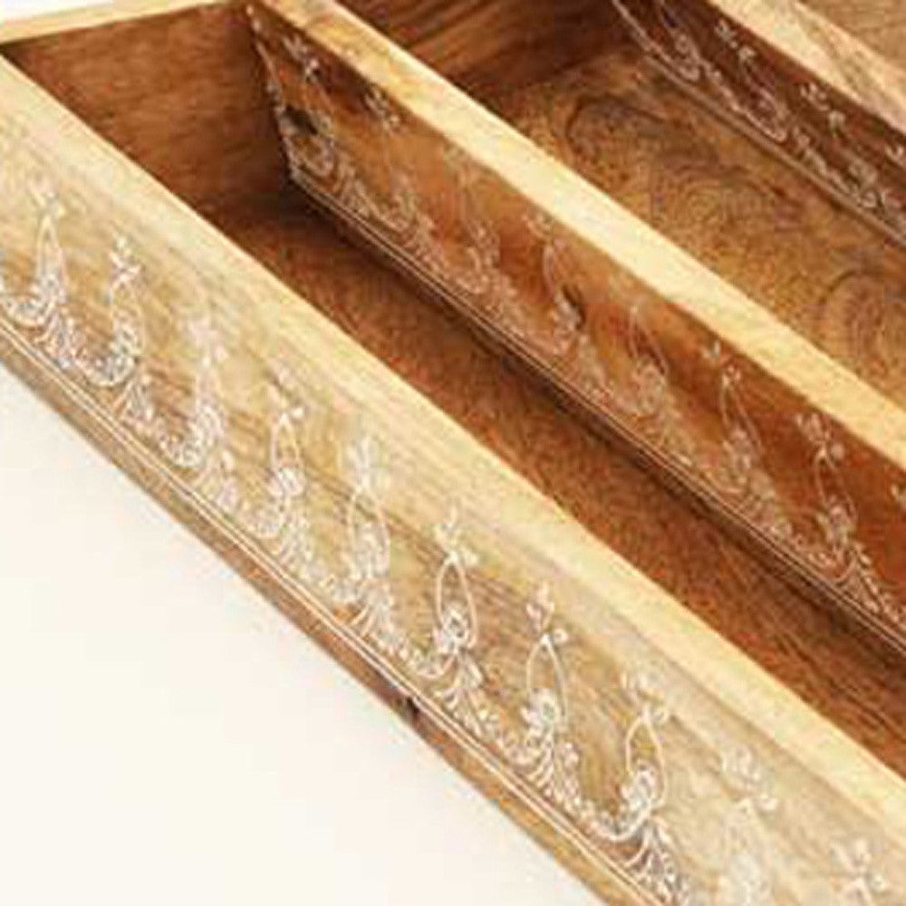 Set Of Three 12" Natural Rectangular Solid Wood Floral Handmade Serving Tray With Handles