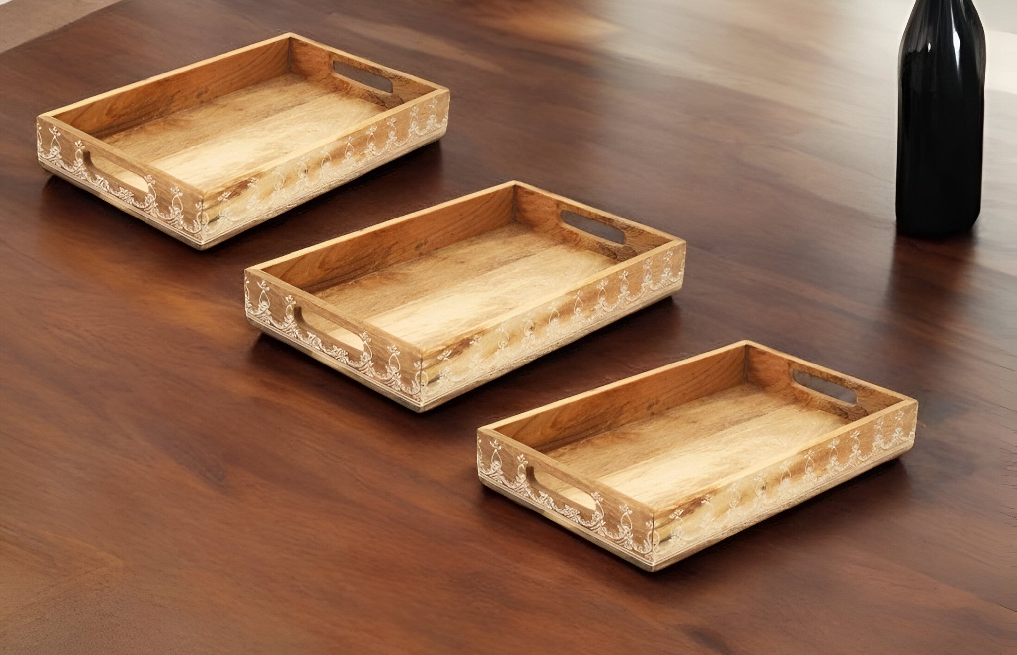 Set Of Three 12" Natural Rectangular Solid Wood Floral Handmade Serving Tray With Handles