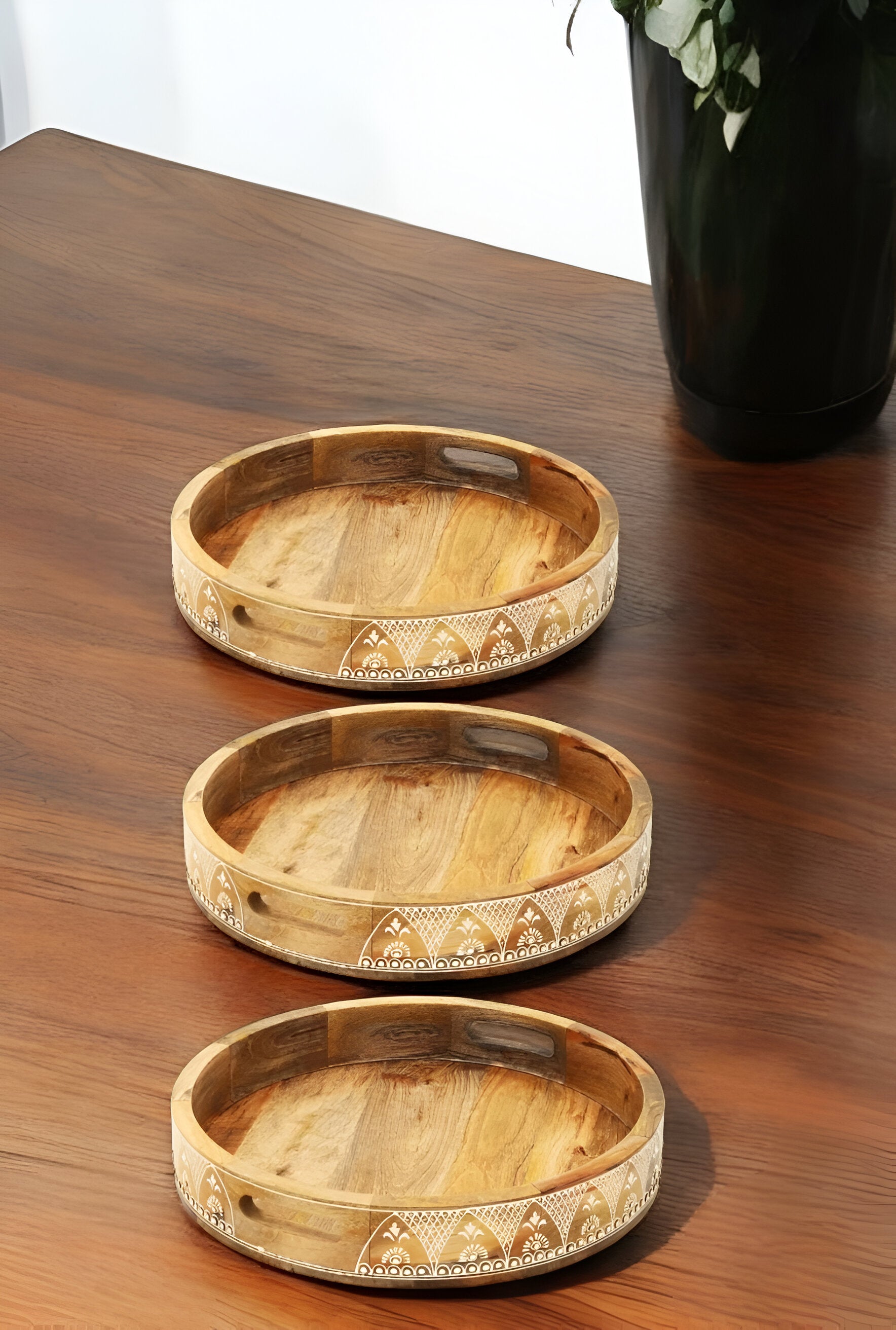 Set of Three Natural Round Solid Wood Floral Indoor Outdoor Handmade Serving Tray With Handles