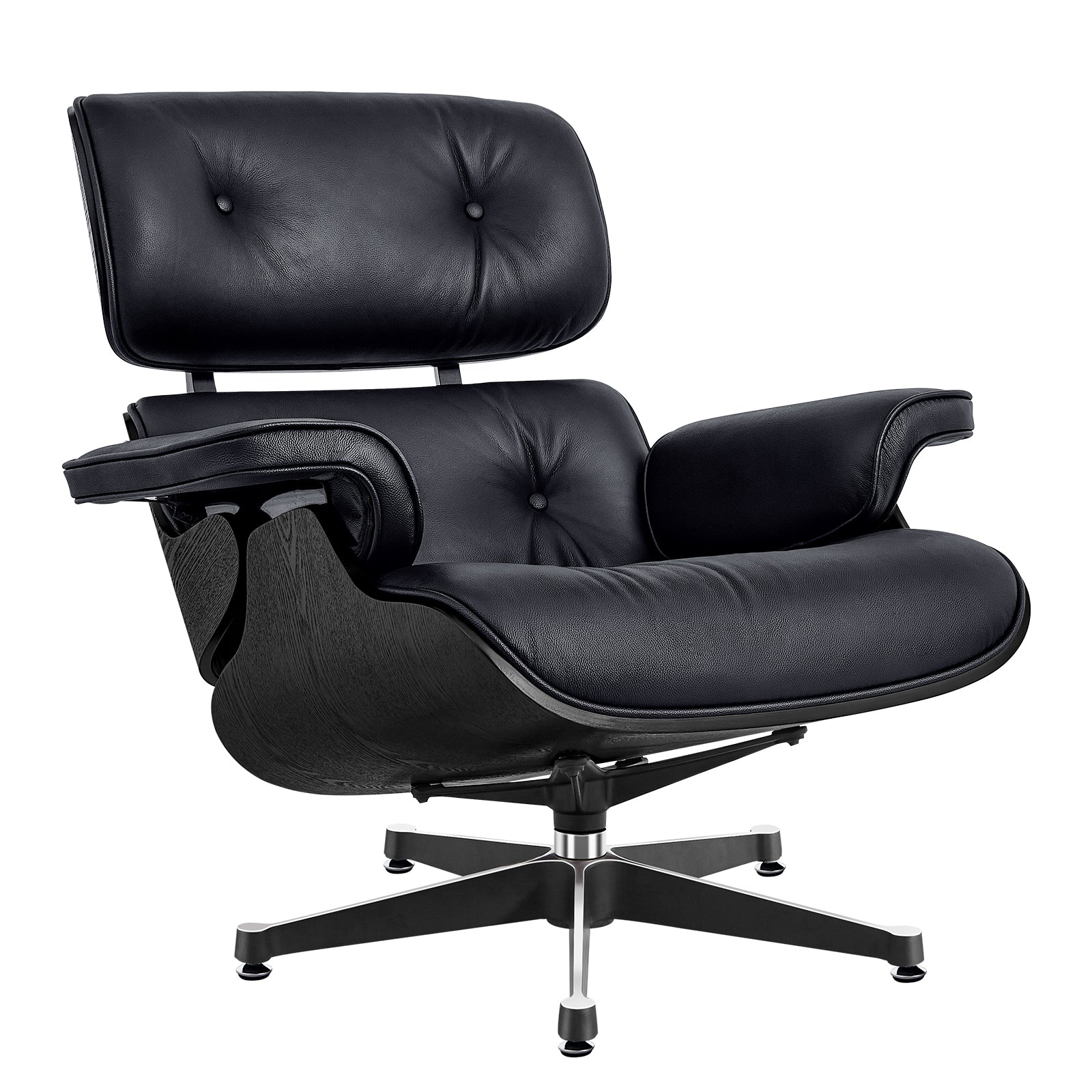 35" Black Tufted Genuine Leather Swivel Lounge Chair with Ottoman