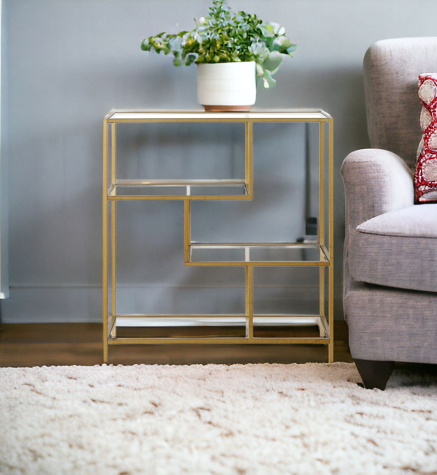 40" Gold Metal And Glass Four Tier Etagere Bookcase