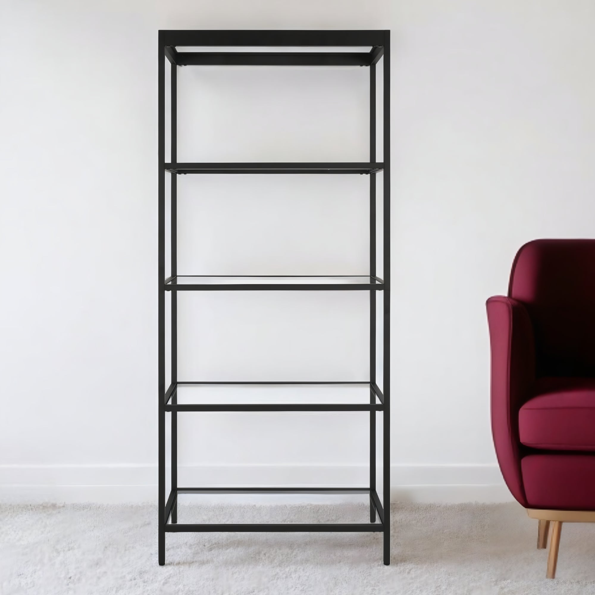 70" Black Metal And Glass Four Tier Etagere Bookcase