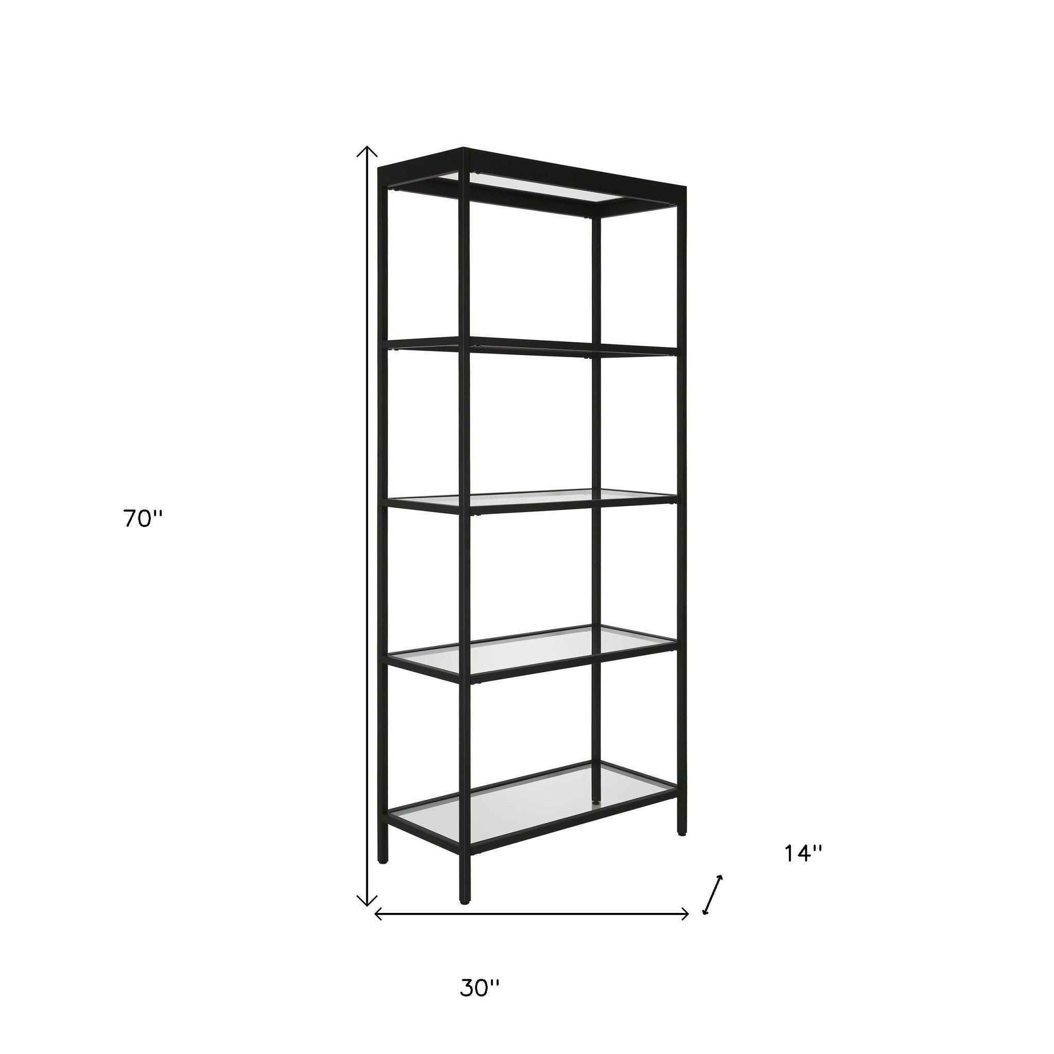 70" Black Metal And Glass Four Tier Etagere Bookcase