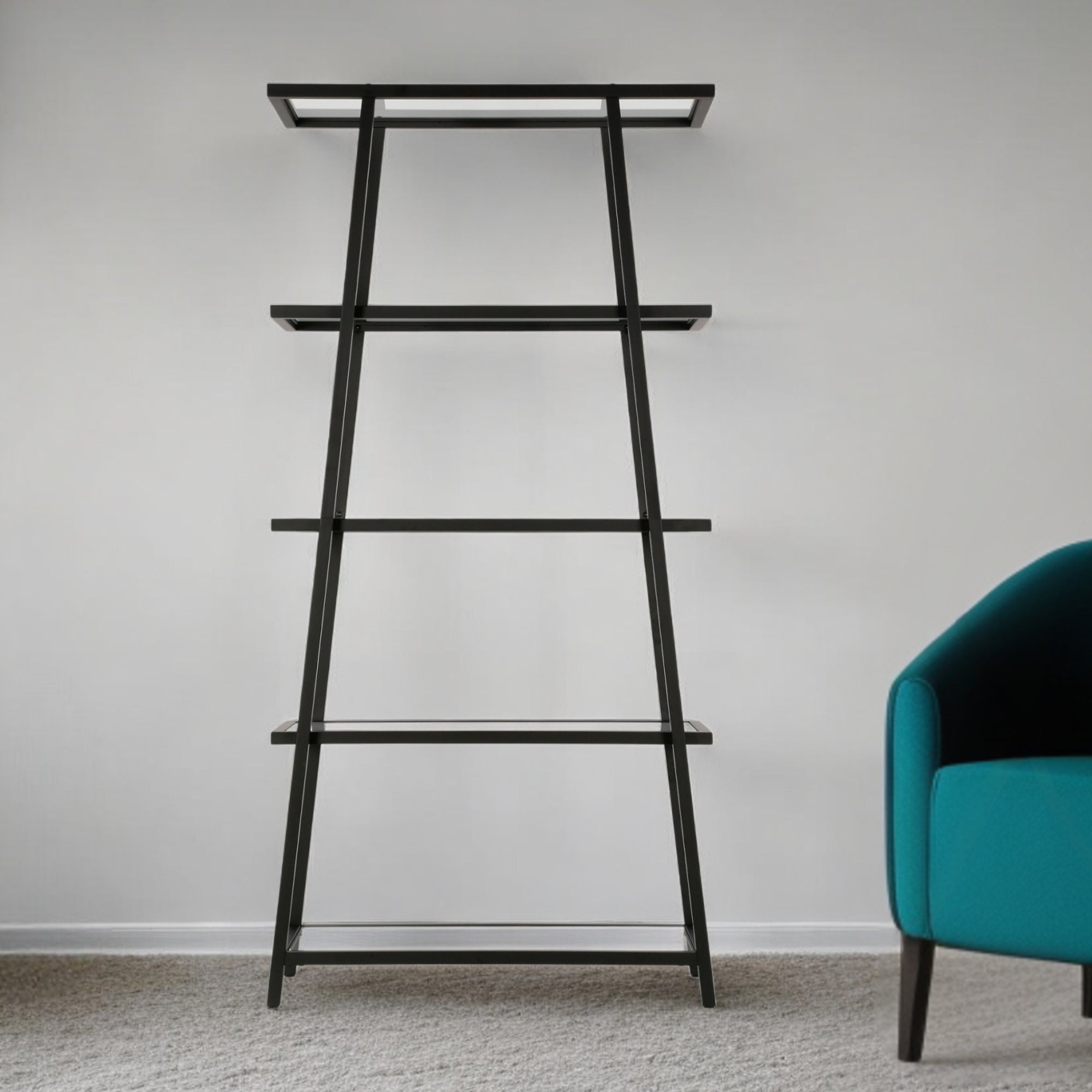 70" Black Metal And Glass Five Tier Etagere Bookcase