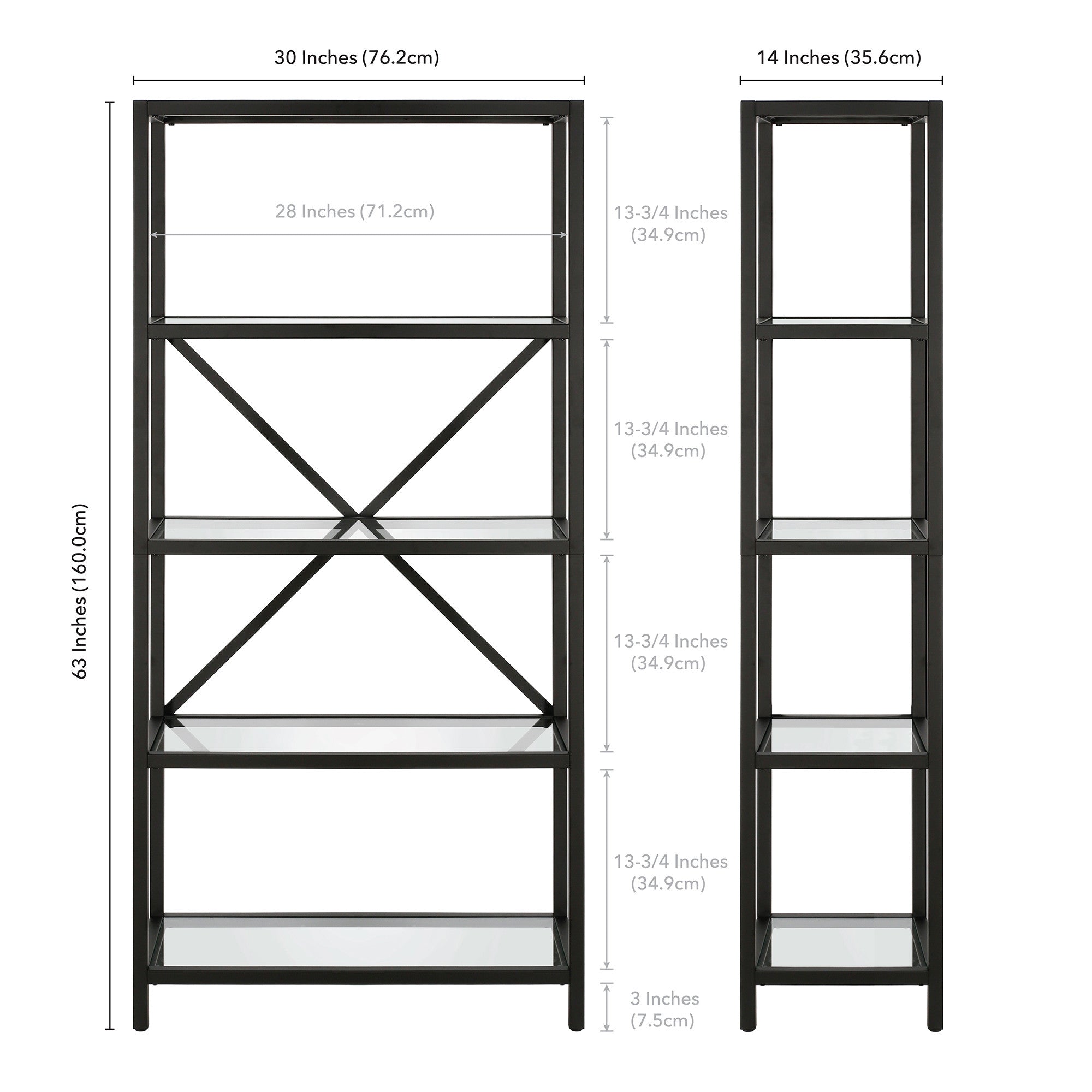 63" Black Metal and Glass Five Tier Etagere Bookcase