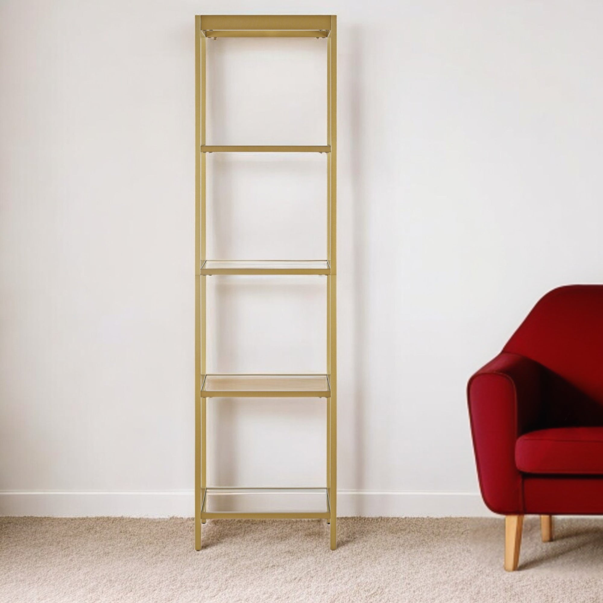 70" Gold Metal And Glass Four Tier Standard Bookcase