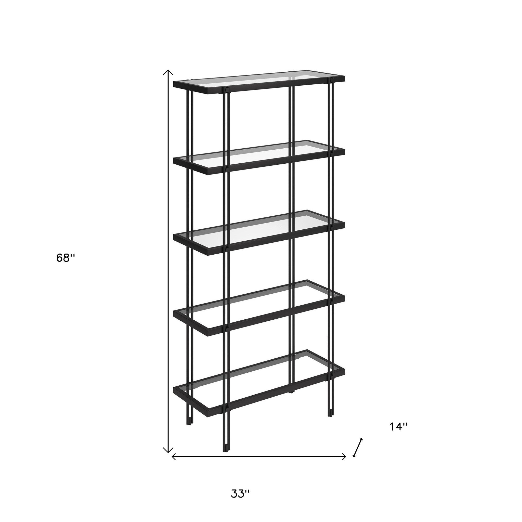 68" Black Metal And Glass Five Tier Standard Bookcase