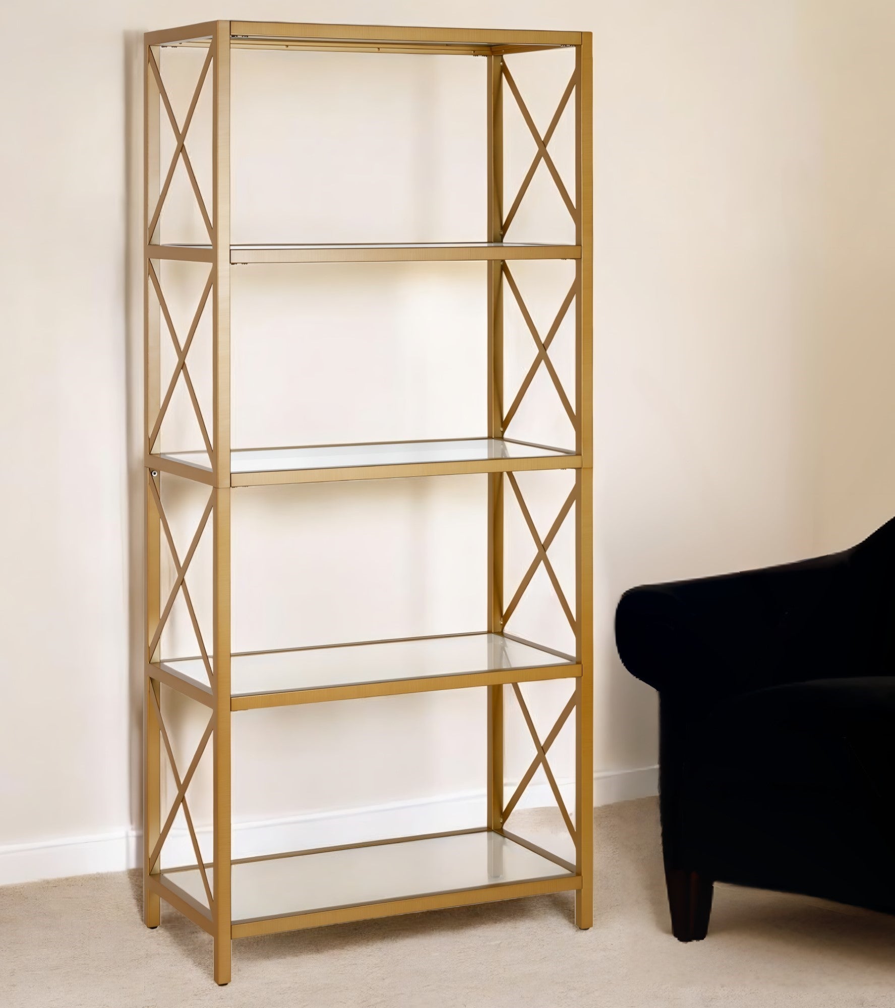 66" Gold Metal And Glass Five Tier Etagere Bookcase