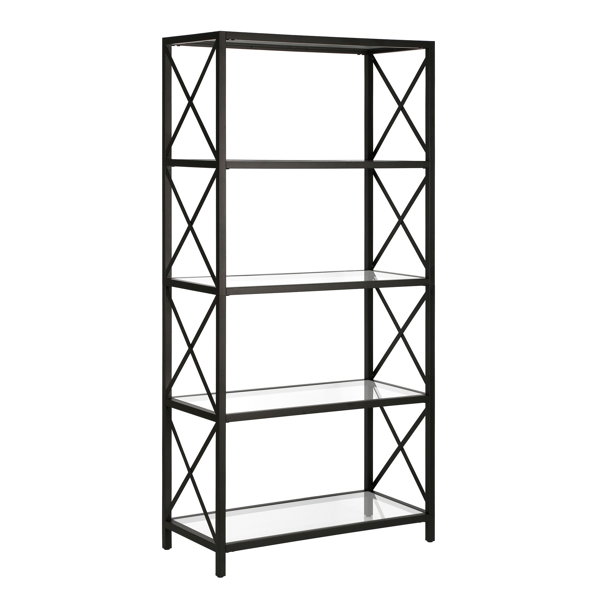 66" Black Metal And Glass Five Tier Etagere Bookcase