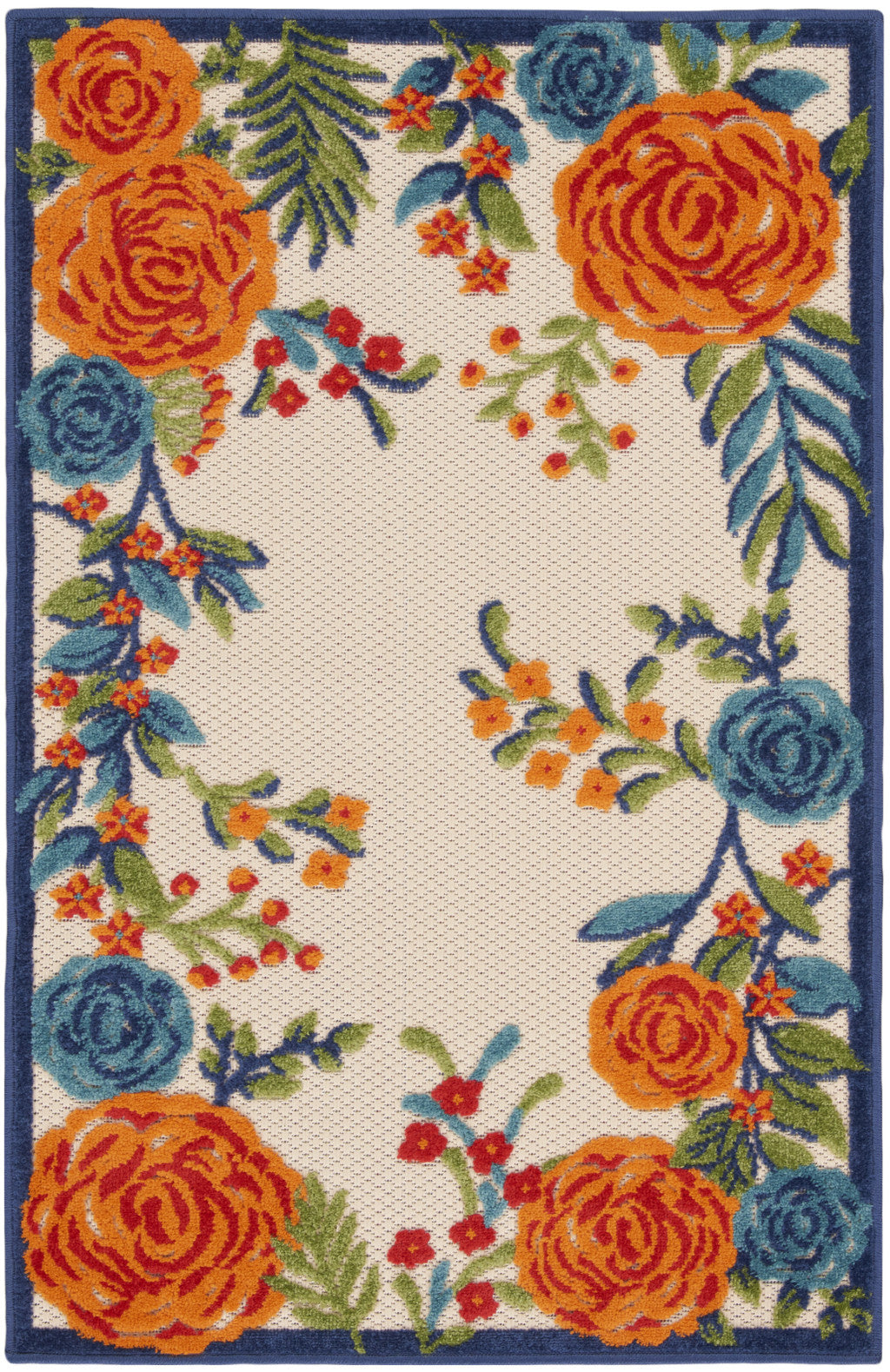 3' X 4' Blue and Orange Floral Power Loom Area Rug