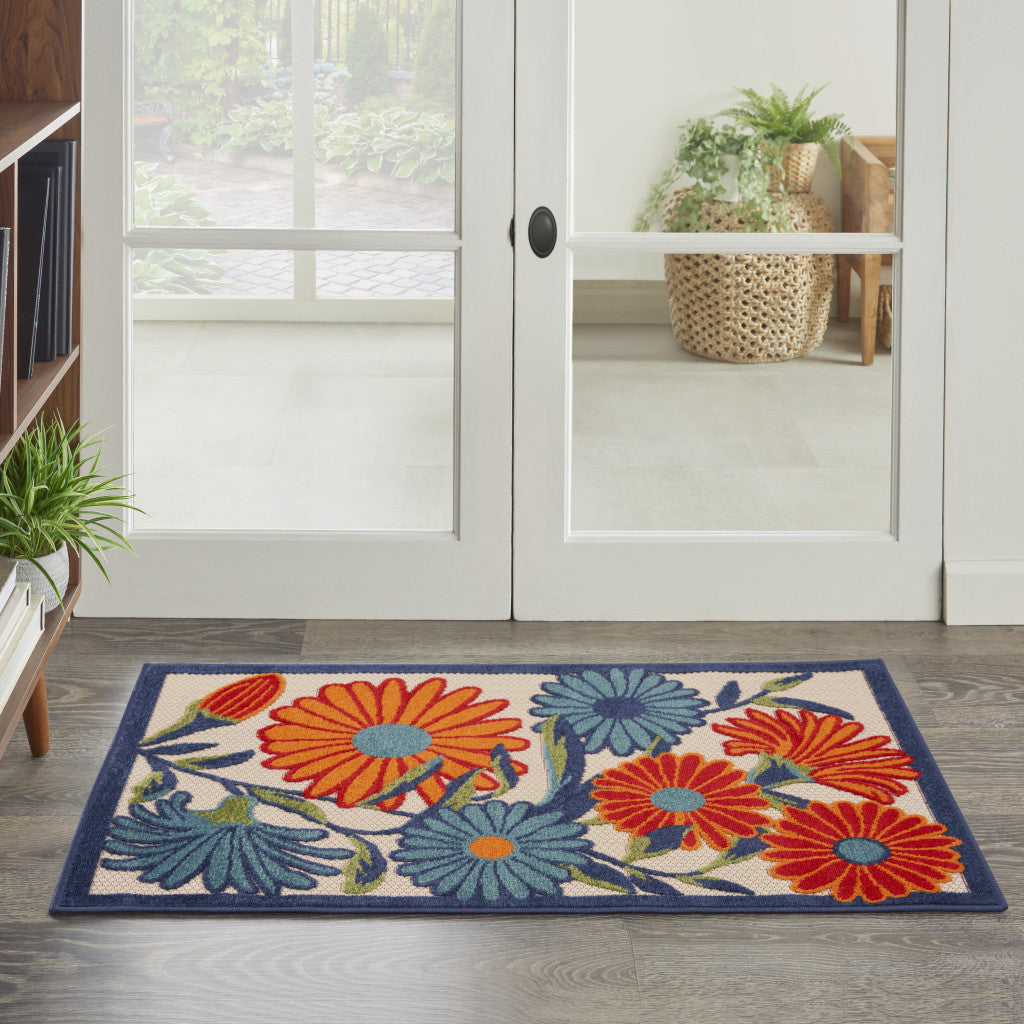 3' X 4' Blue and Orange Floral Power Loom Area Rug