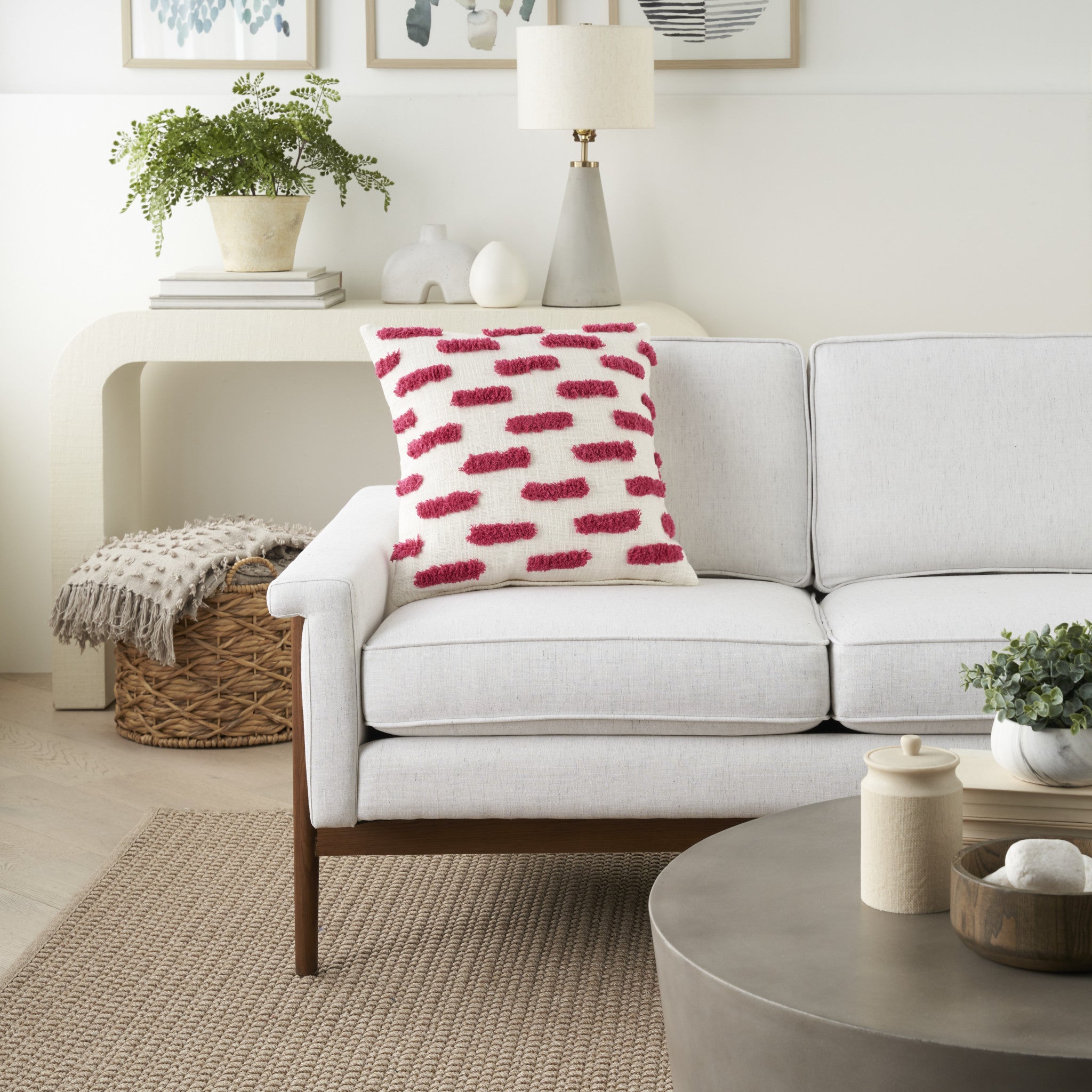 18" Pink and White Geometric Cotton Throw Pillow