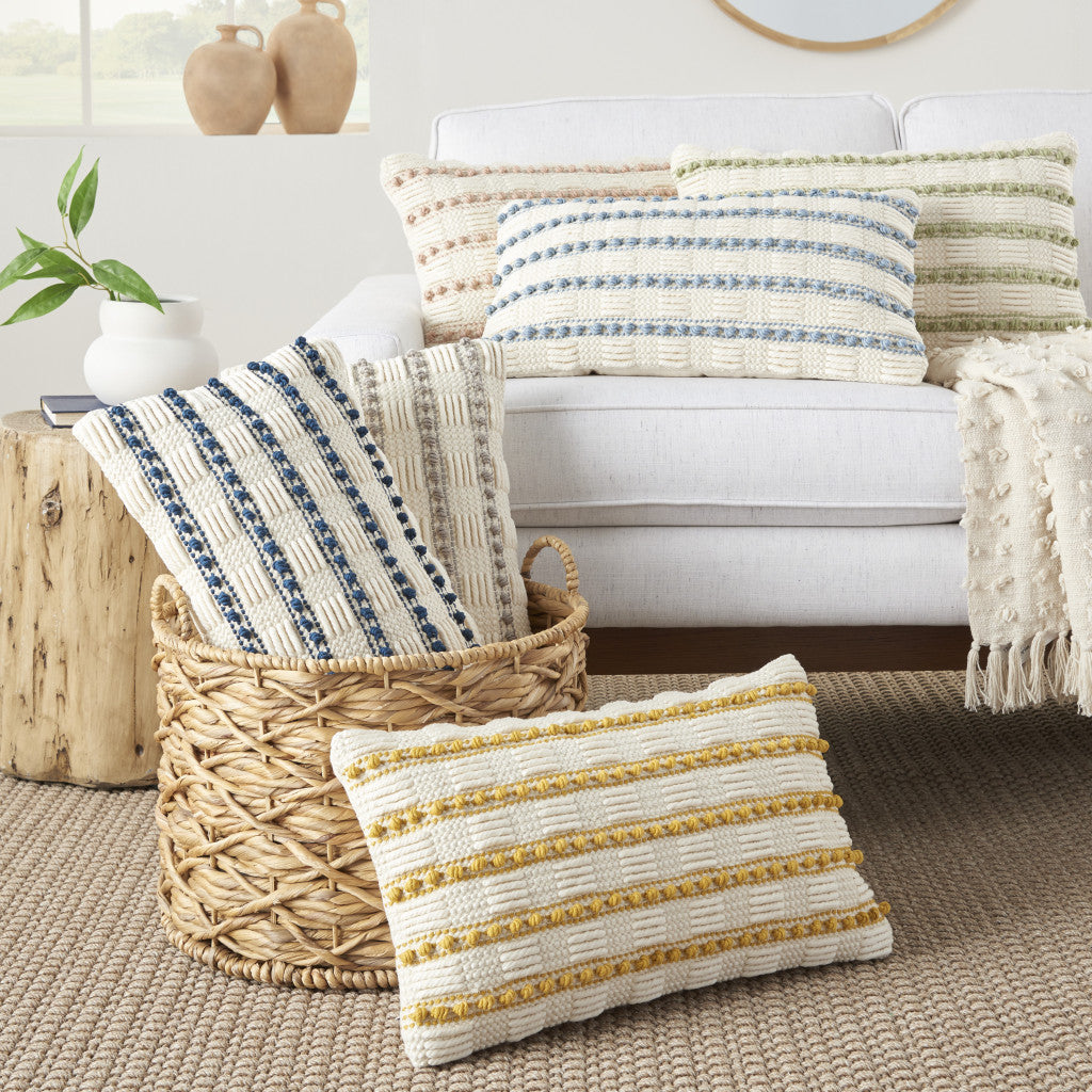 12" X 20" Ivory and Blue Striped Cotton Blend Throw Pillow With Texture