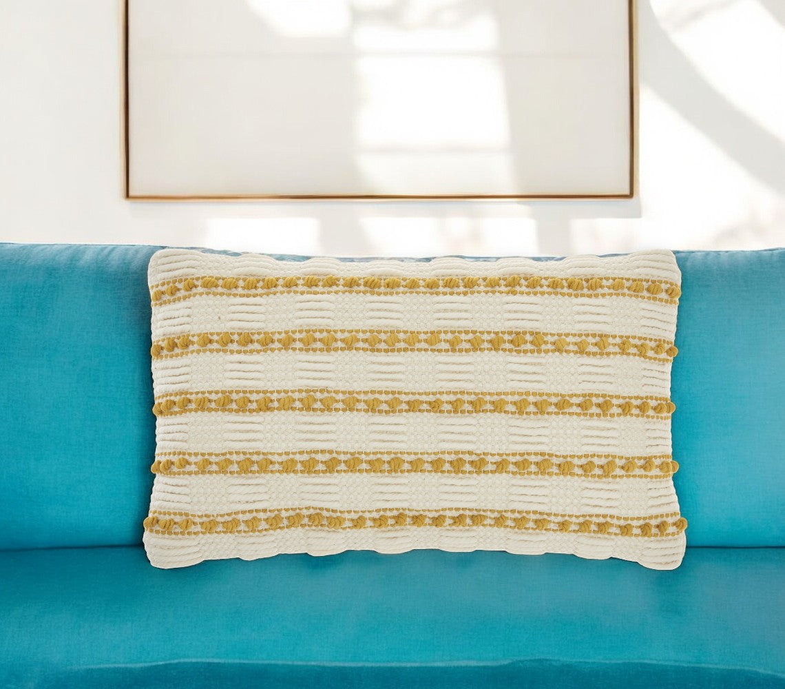 12" X 20" Yellow and Ivory Striped Cotton Blend Throw Pillow With Texture