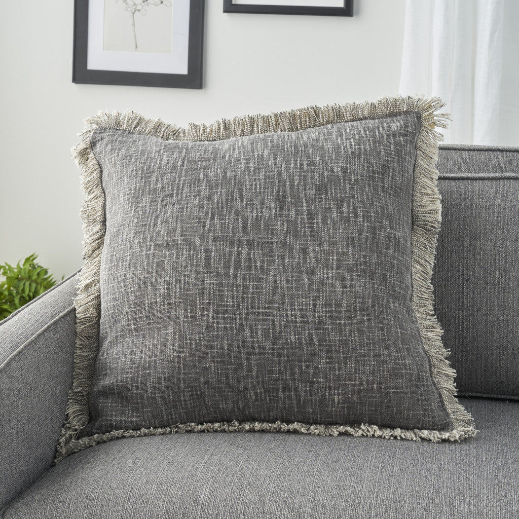 22" Charcoal Cotton Throw Pillow With Fringe