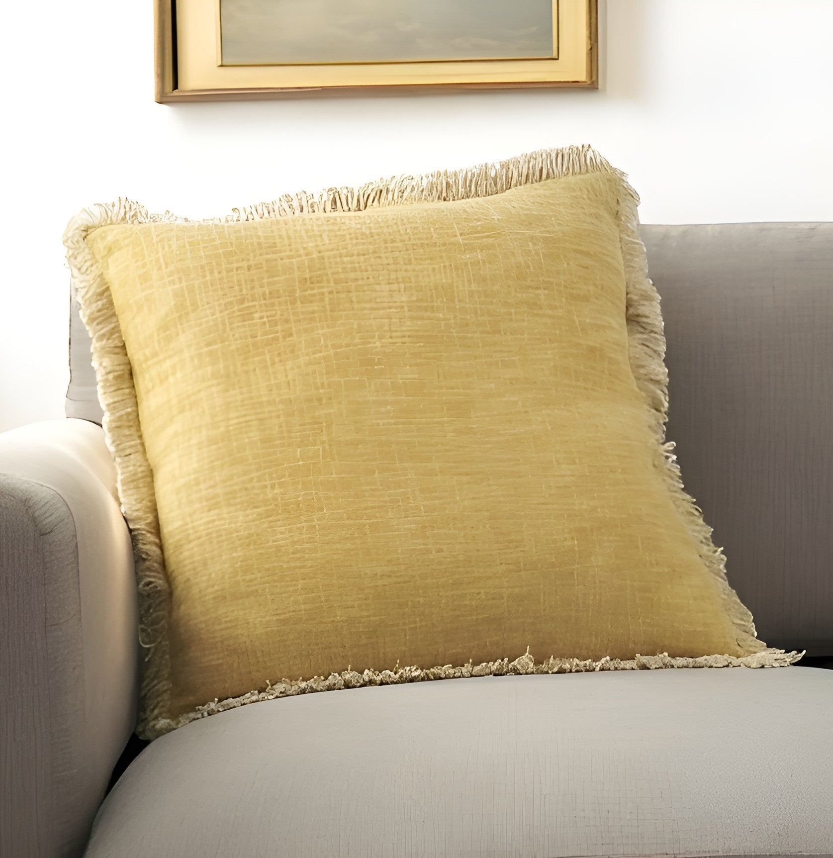 22" Yellow Cotton Throw Pillow With Fringe