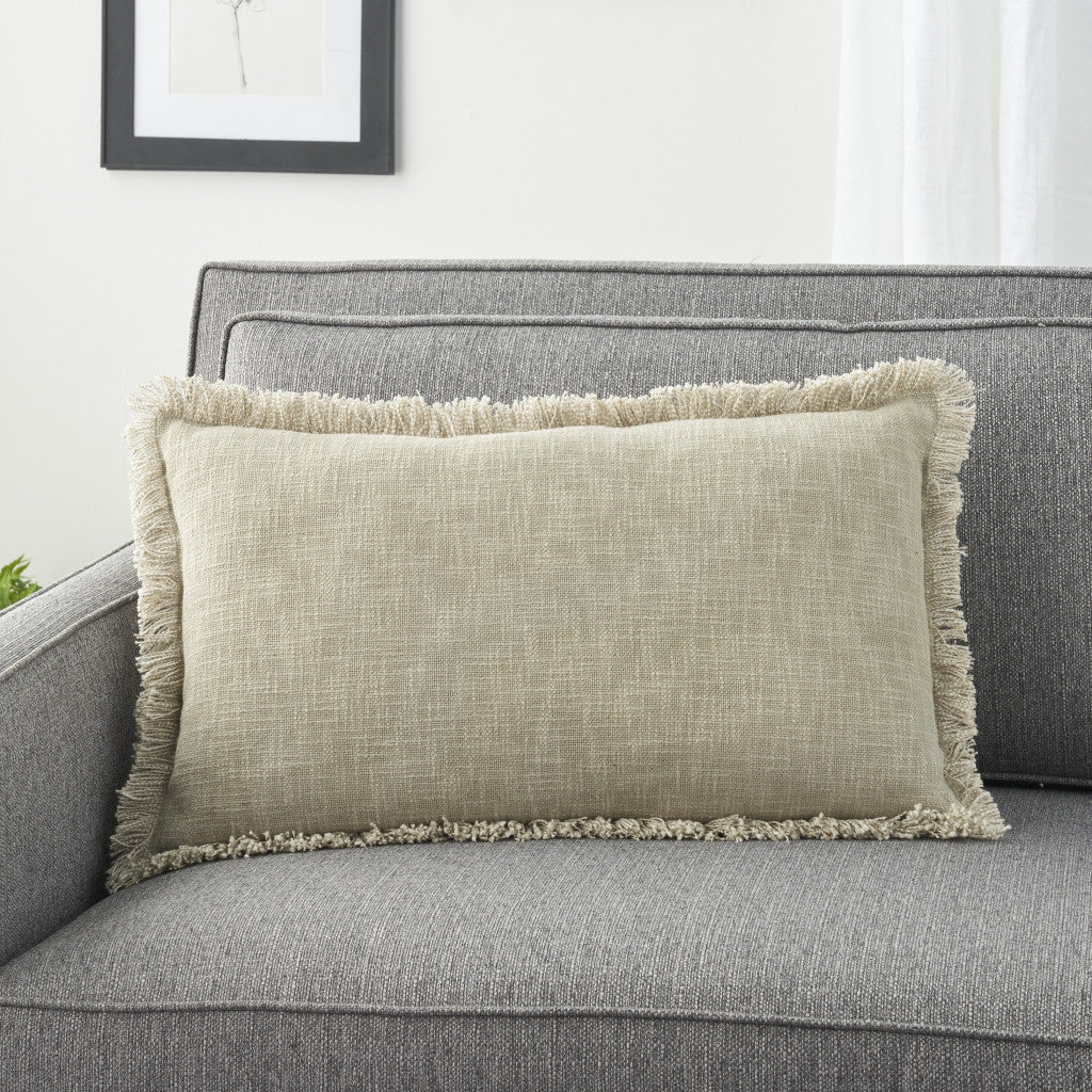 24" X 14" Taupe Linen Cotton Zippered Pillow With Fringe