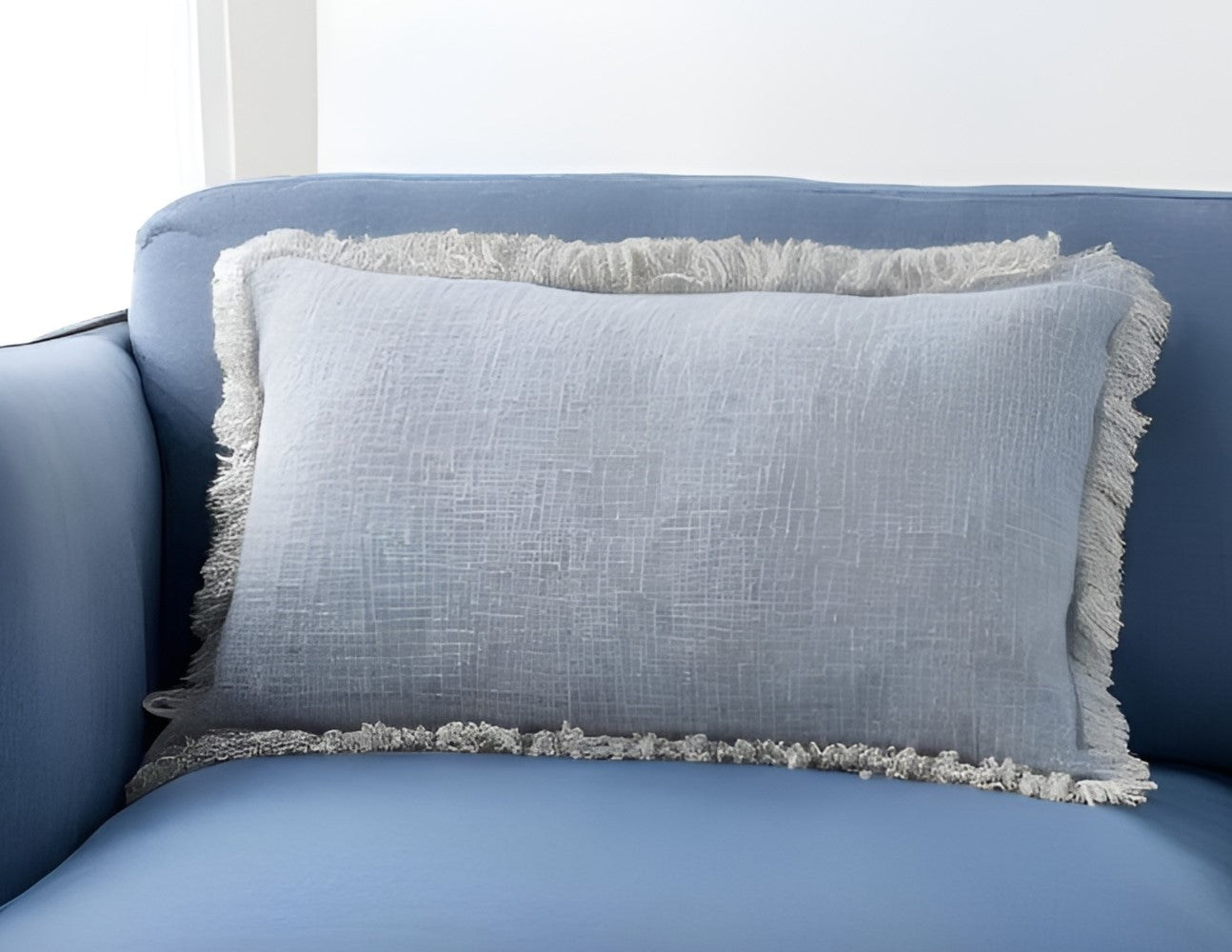 14" X 24" Blue Cotton Throw Pillow With Fringe