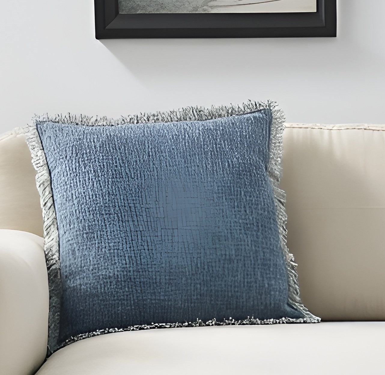 22" Navy Blue Cotton Throw Pillow With Fringe