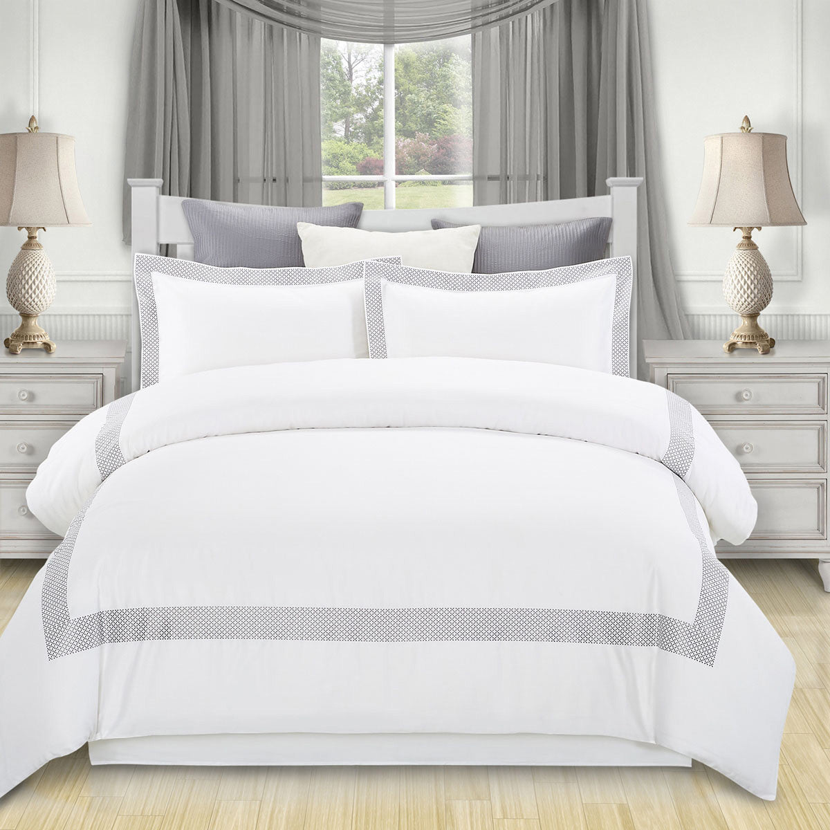Gray and White Queen 100% Cotton 200 Thread Count Washable Duvet Cover Set