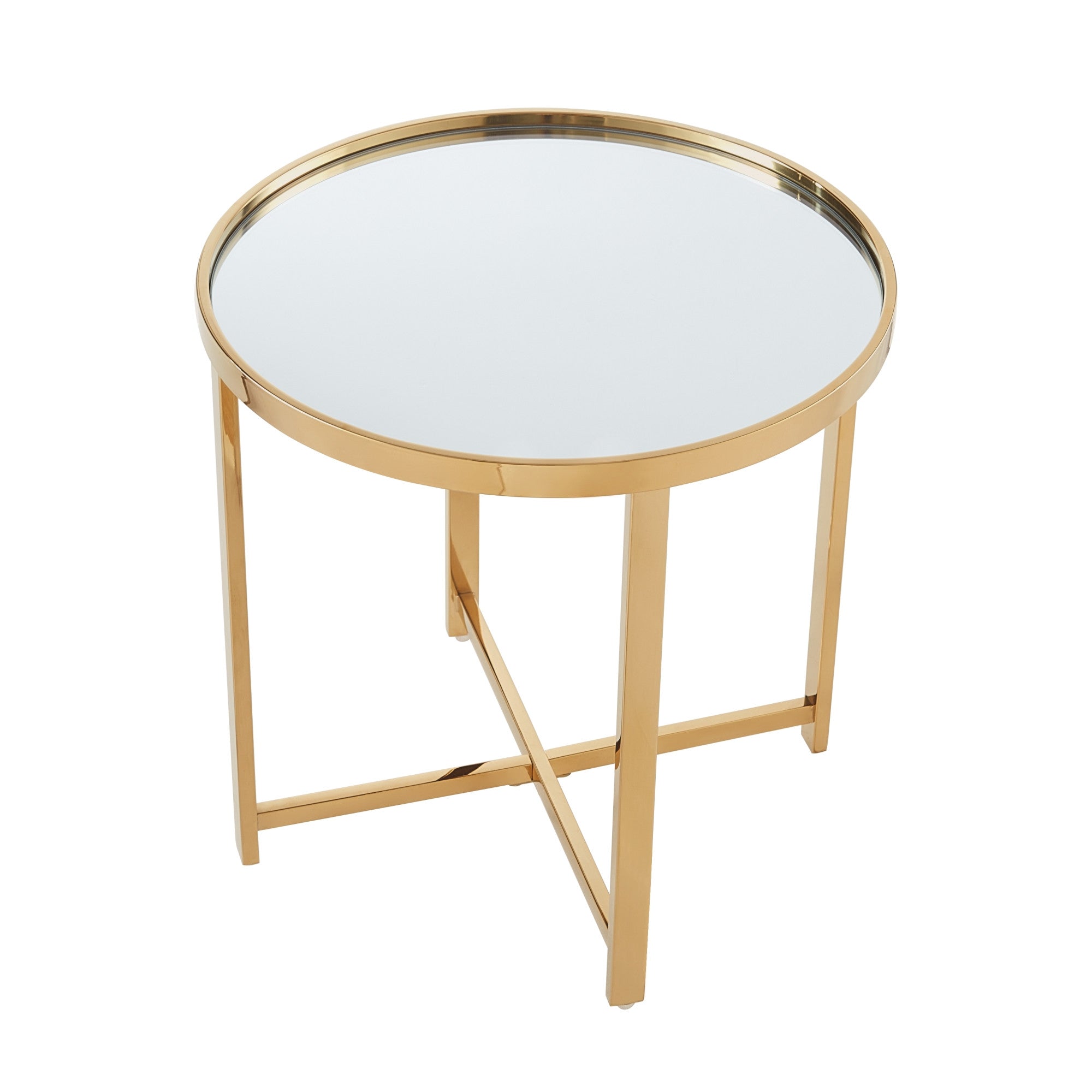 22" Gold Glass And Stainless Steel Round Mirrored End Table