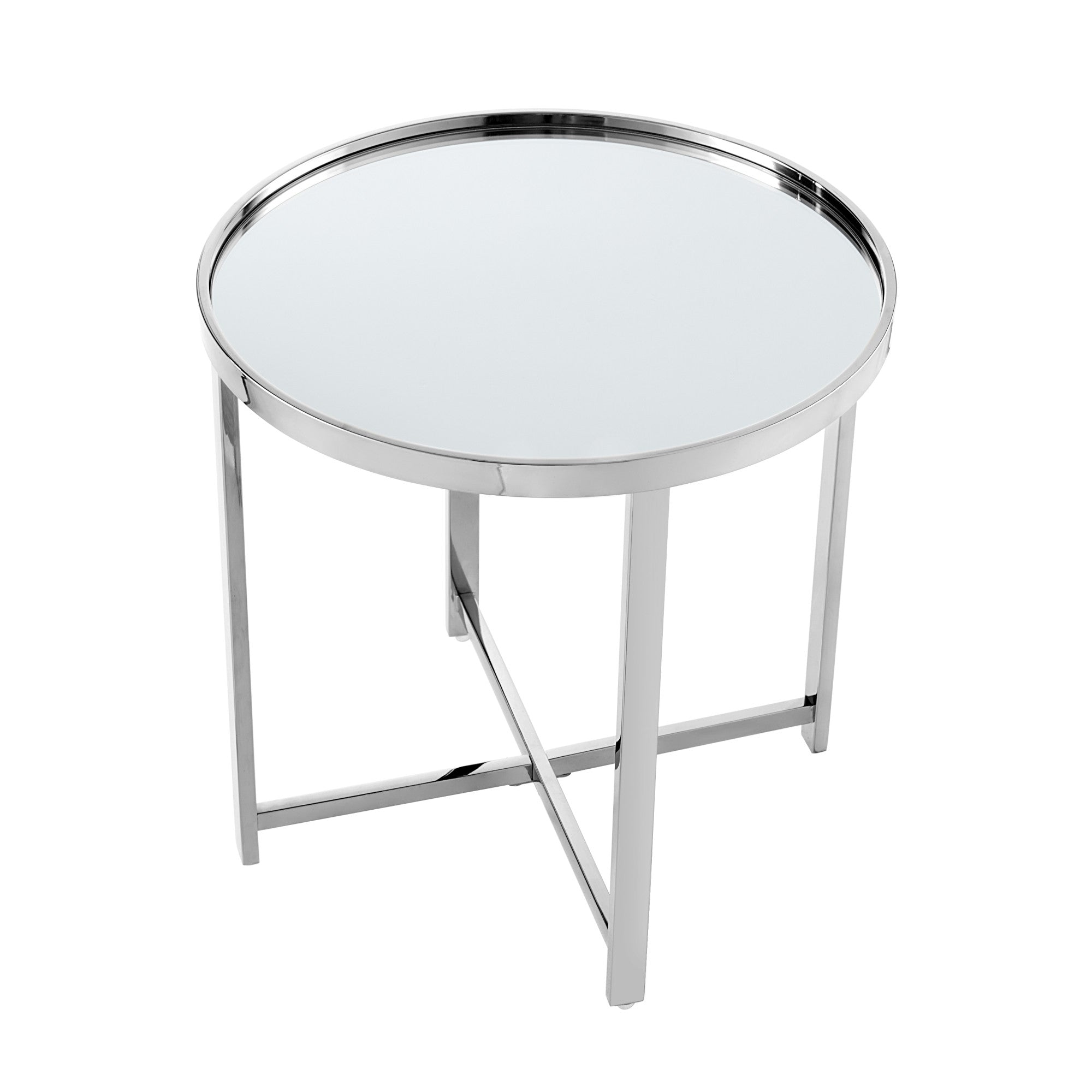 22" Gold Glass And Stainless Steel Round Mirrored End Table