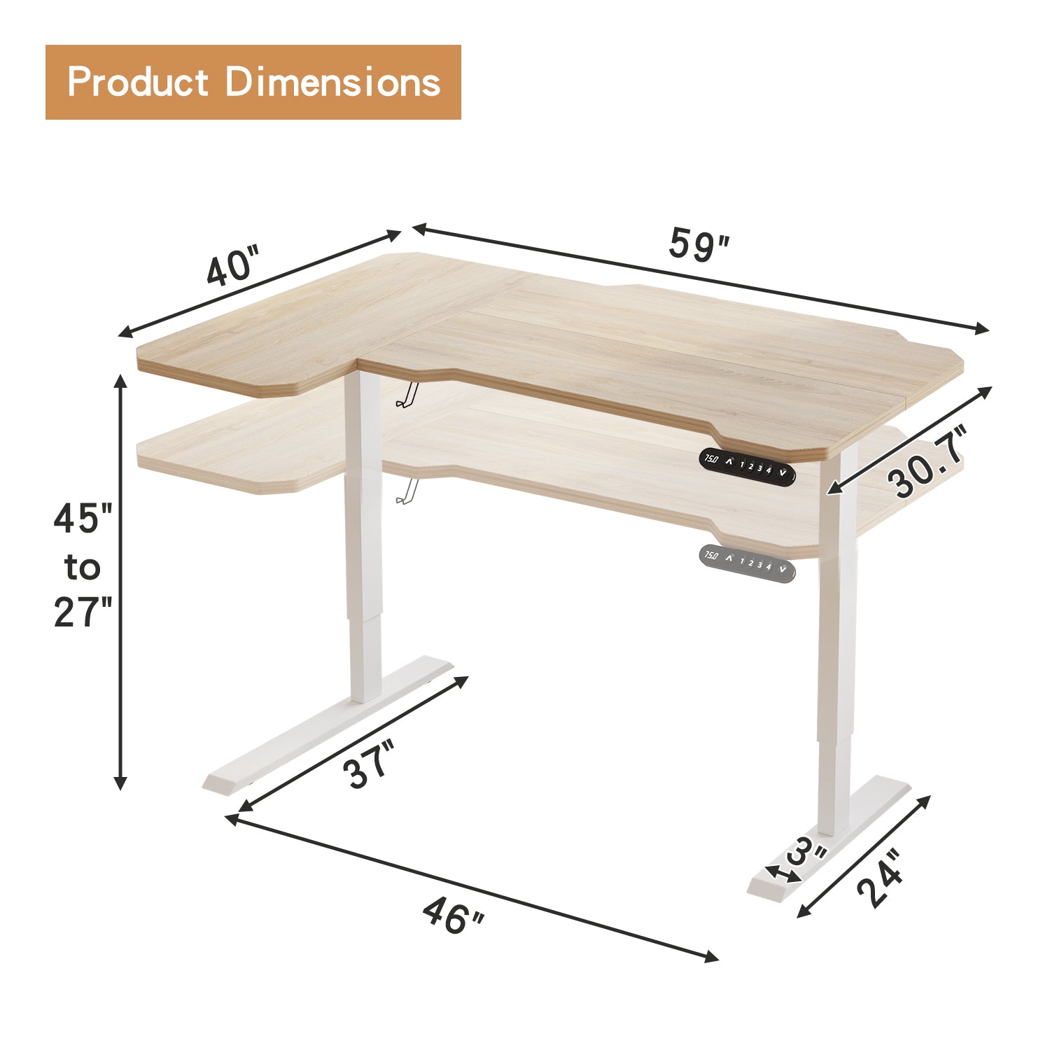 59" Adjustable Light Khaki and White L Shape Standing Desk