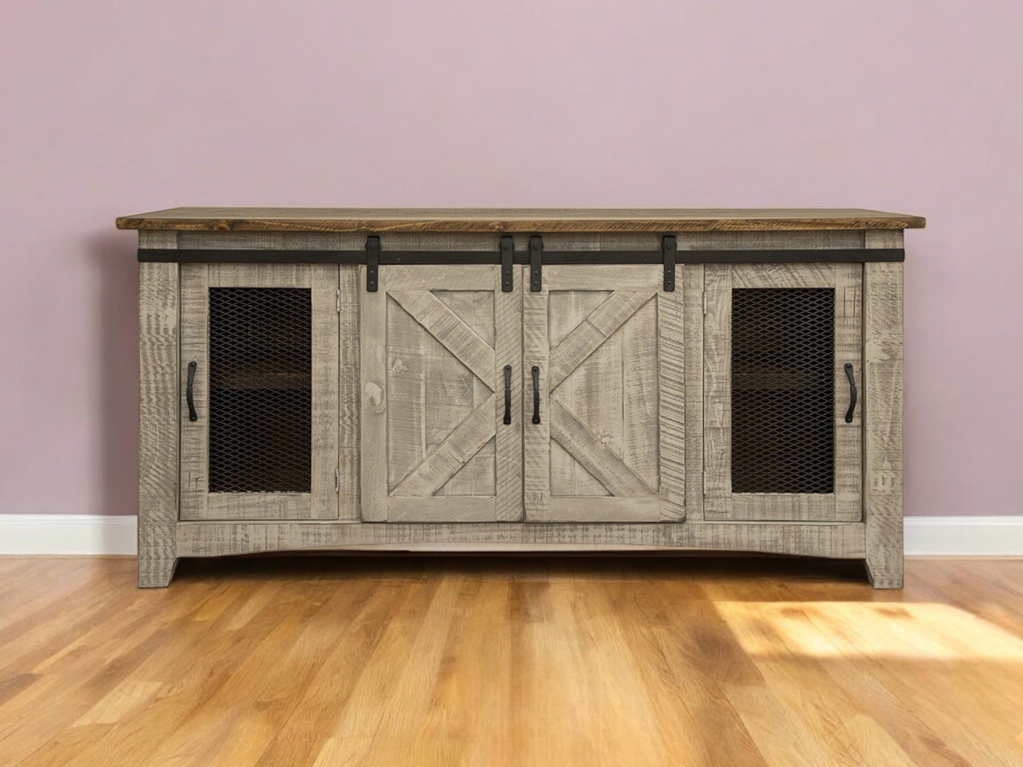 70" Gray Solid Wood Cabinet Enclosed Storage Distressed TV Stand