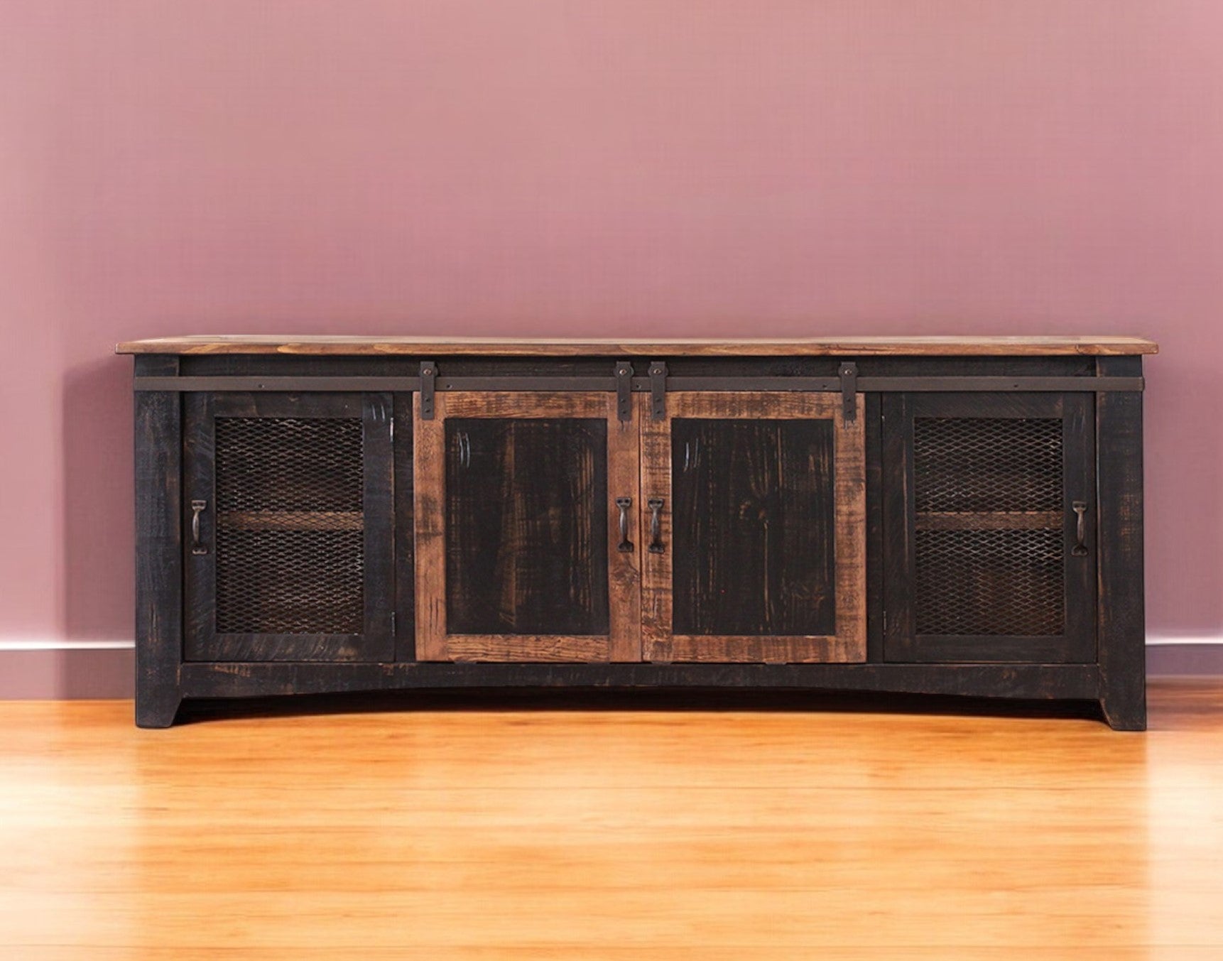 79" Black Solid Wood Cabinet Enclosed Storage Distressed TV Stand