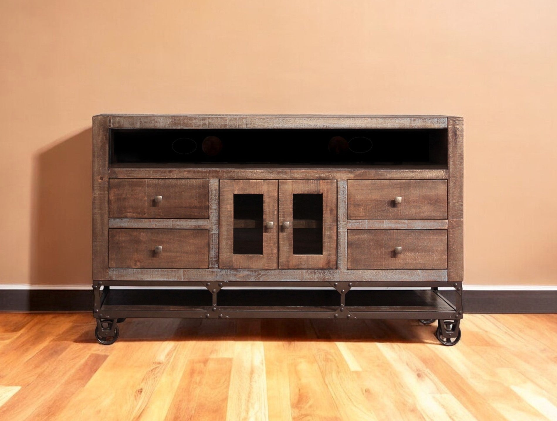 62" Brown Solid Wood Cabinet Enclosed Storage Distressed TV Stand