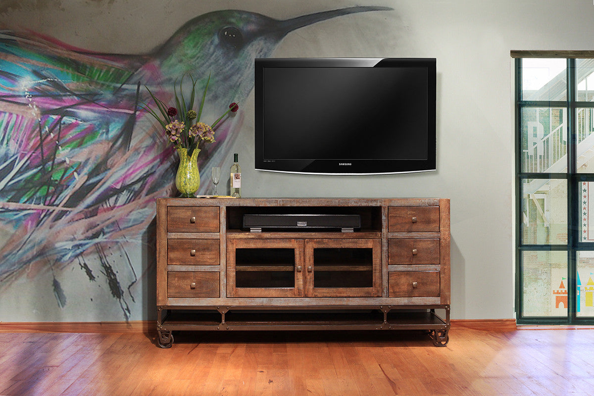 76" Brown Solid Wood Cabinet Enclosed Storage Distressed TV Stand