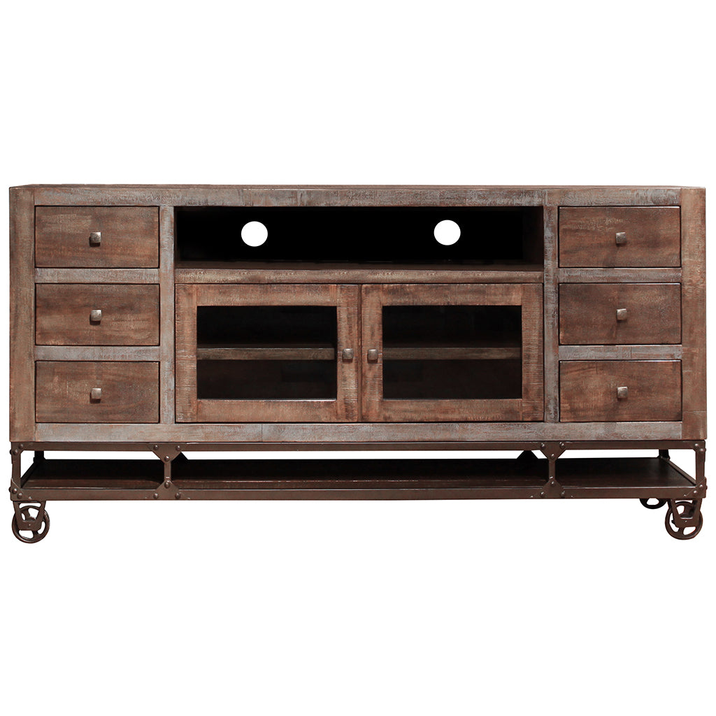 76" Brown Solid Wood Cabinet Enclosed Storage Distressed TV Stand