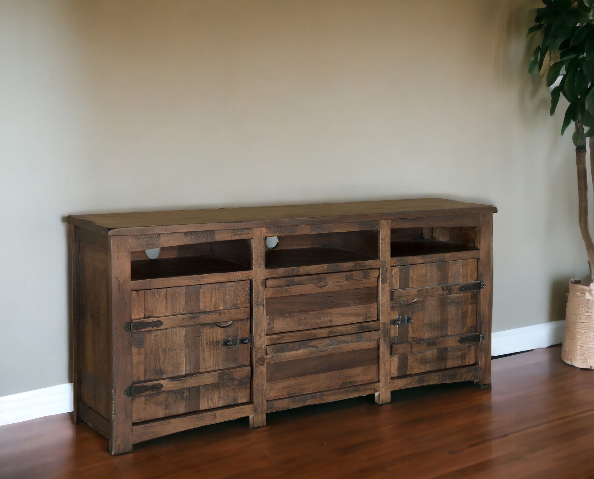 60" Brown Solid Wood Cabinet Enclosed Storage Distressed TV Stand