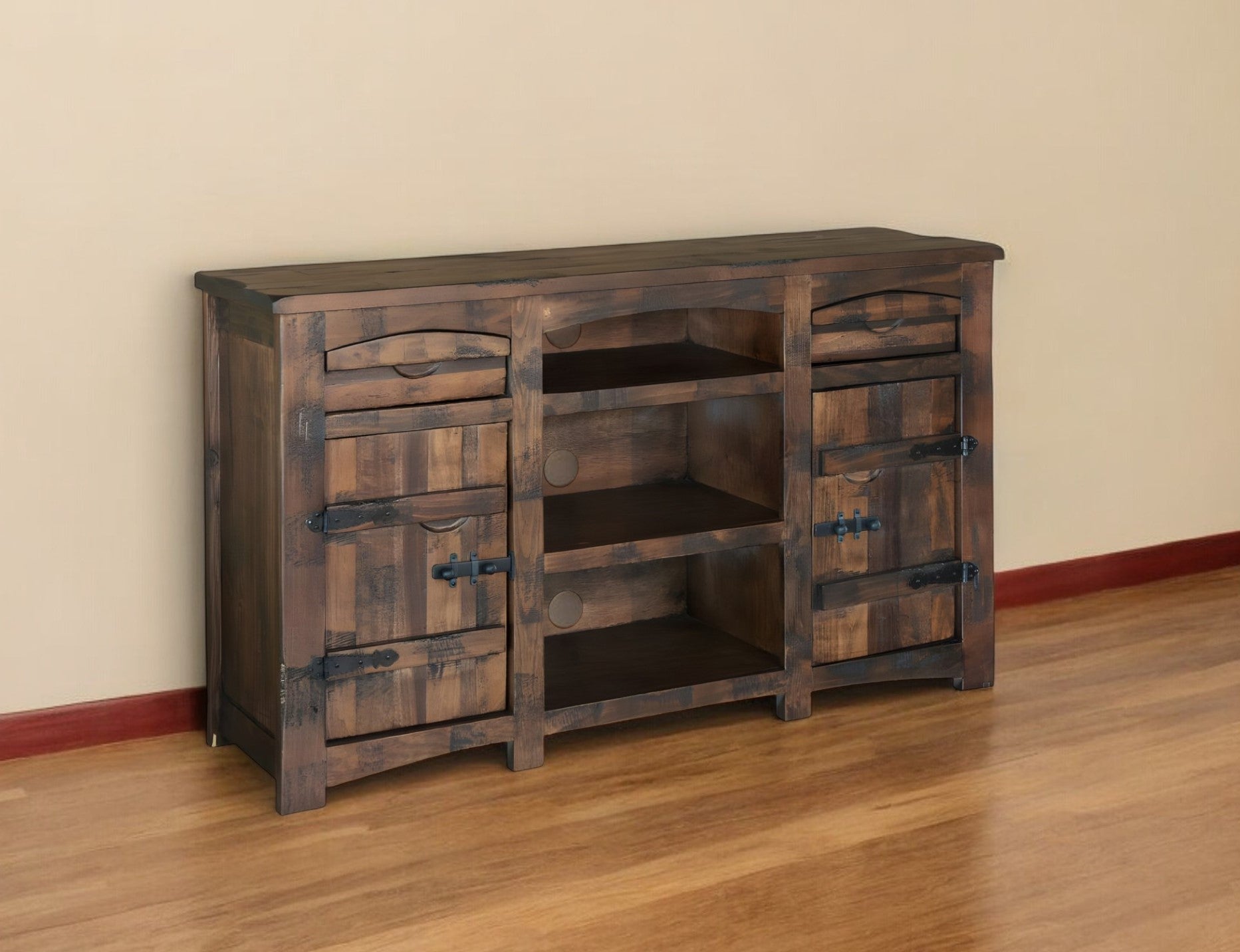 70" Brown Solid Wood Cabinet Enclosed Storage Distressed TV Stand