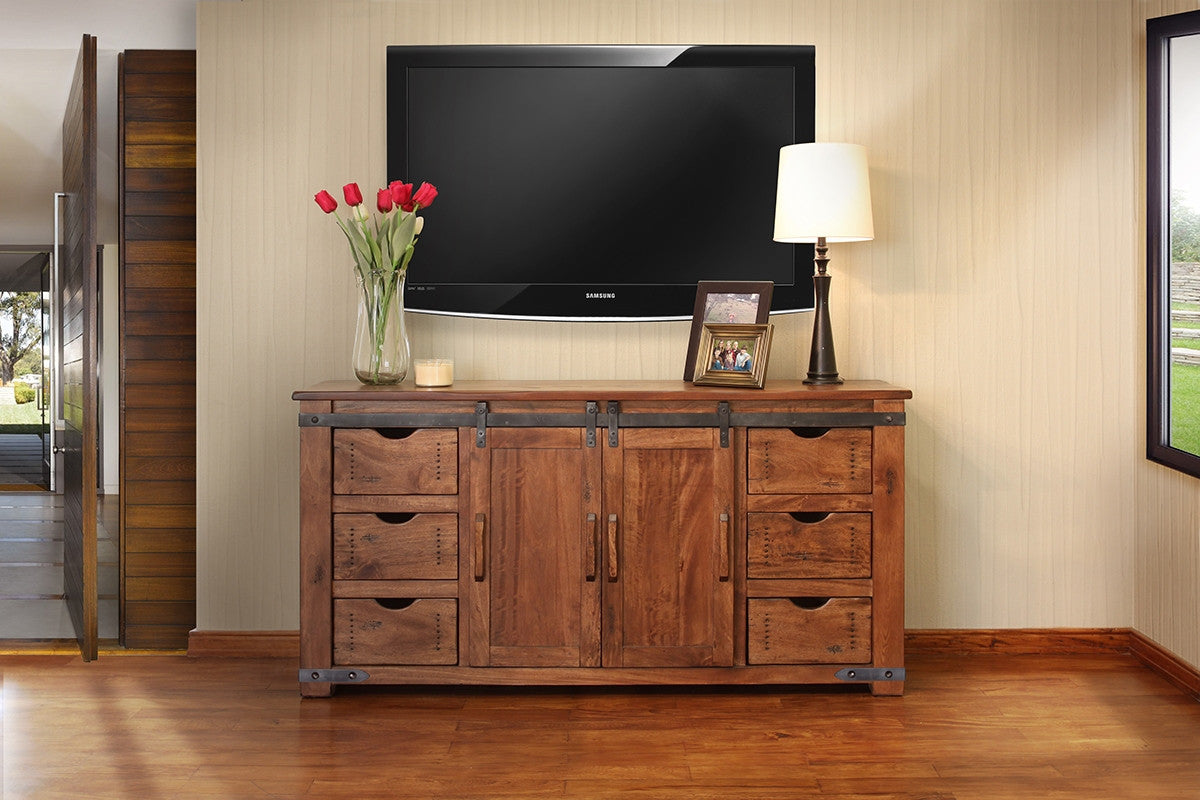 60" Brown Solid Wood Cabinet Enclosed Storage Distressed TV Stand