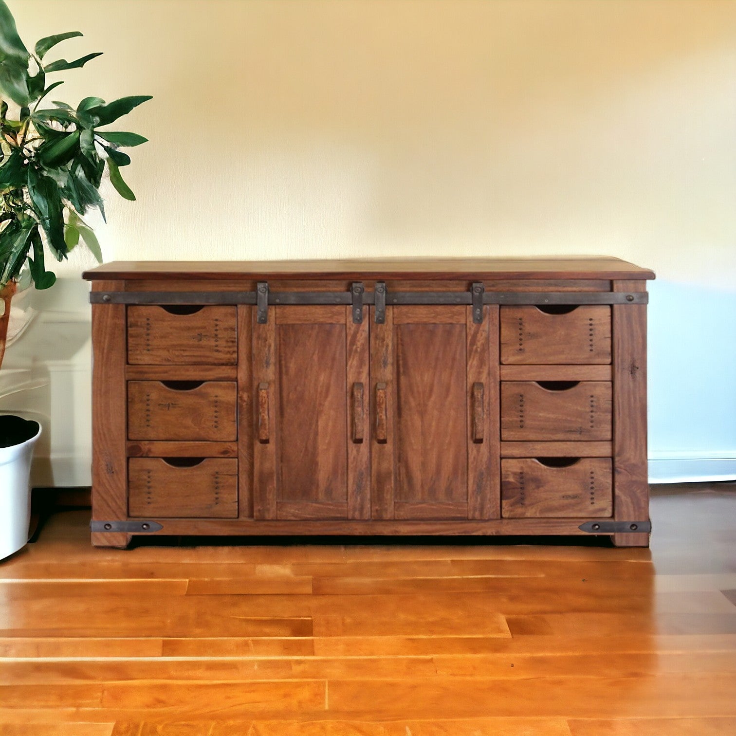 60" Brown Solid Wood Cabinet Enclosed Storage Distressed TV Stand