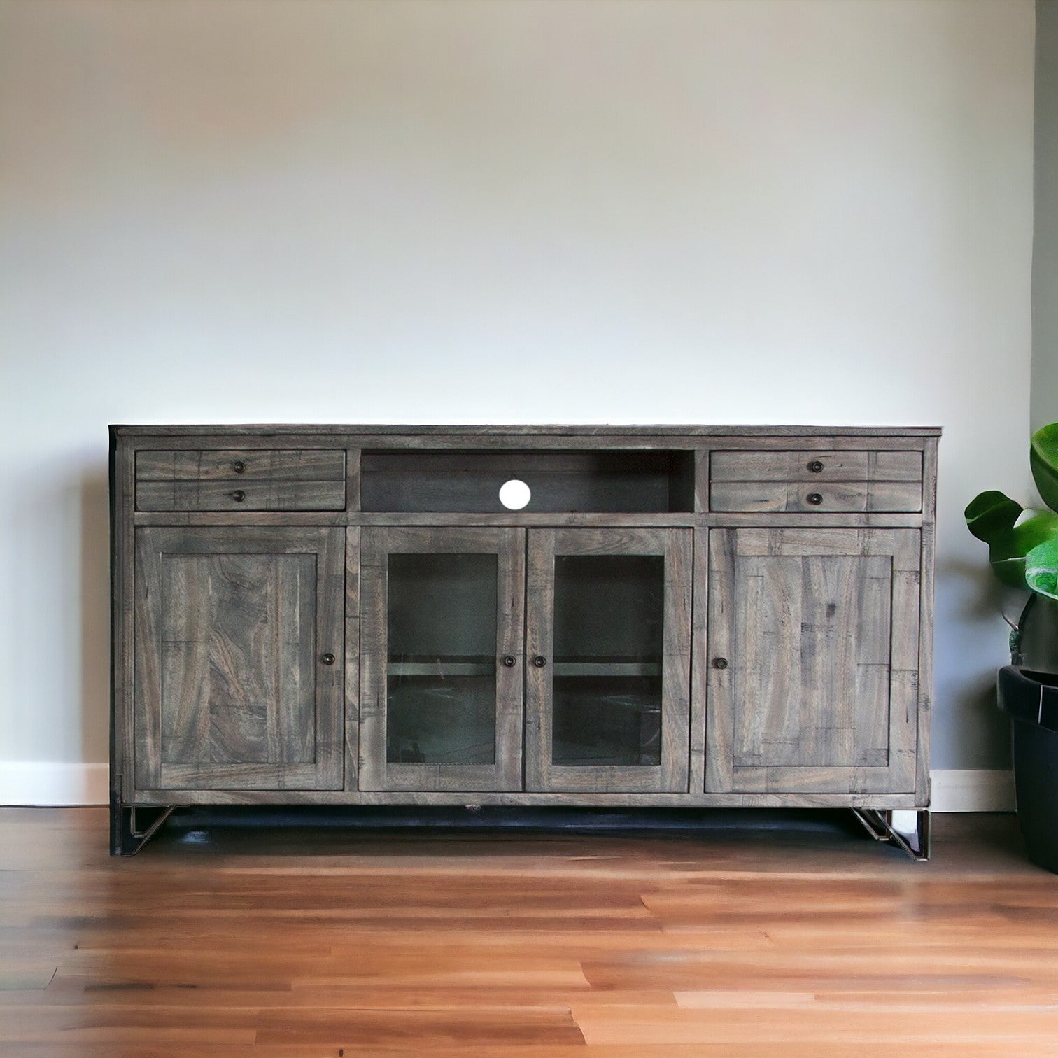 70" Brown Solid Wood Cabinet Enclosed Storage Distressed TV Stand