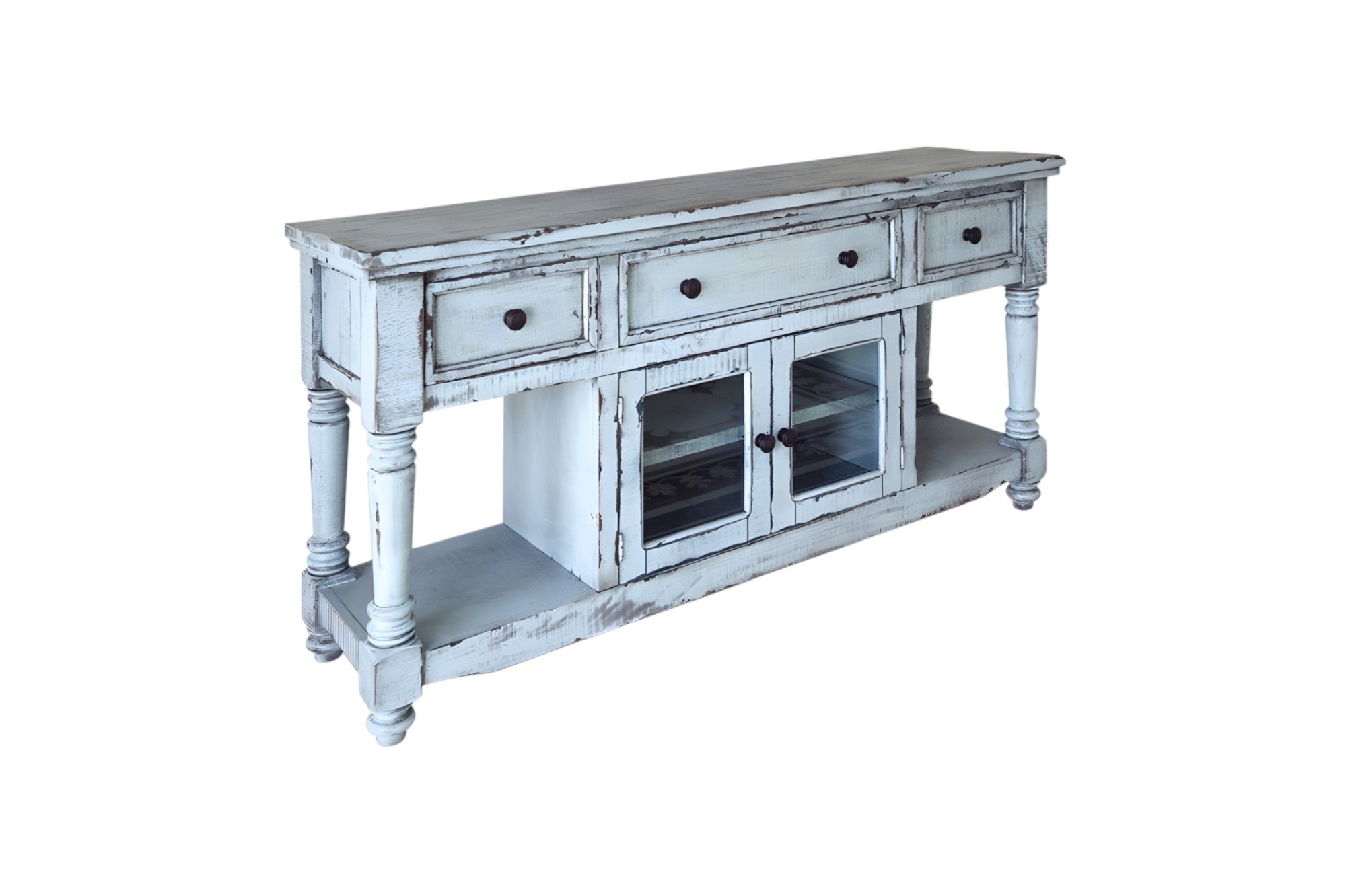 70" Blue Solid Wood Open shelving Distressed TV Stand