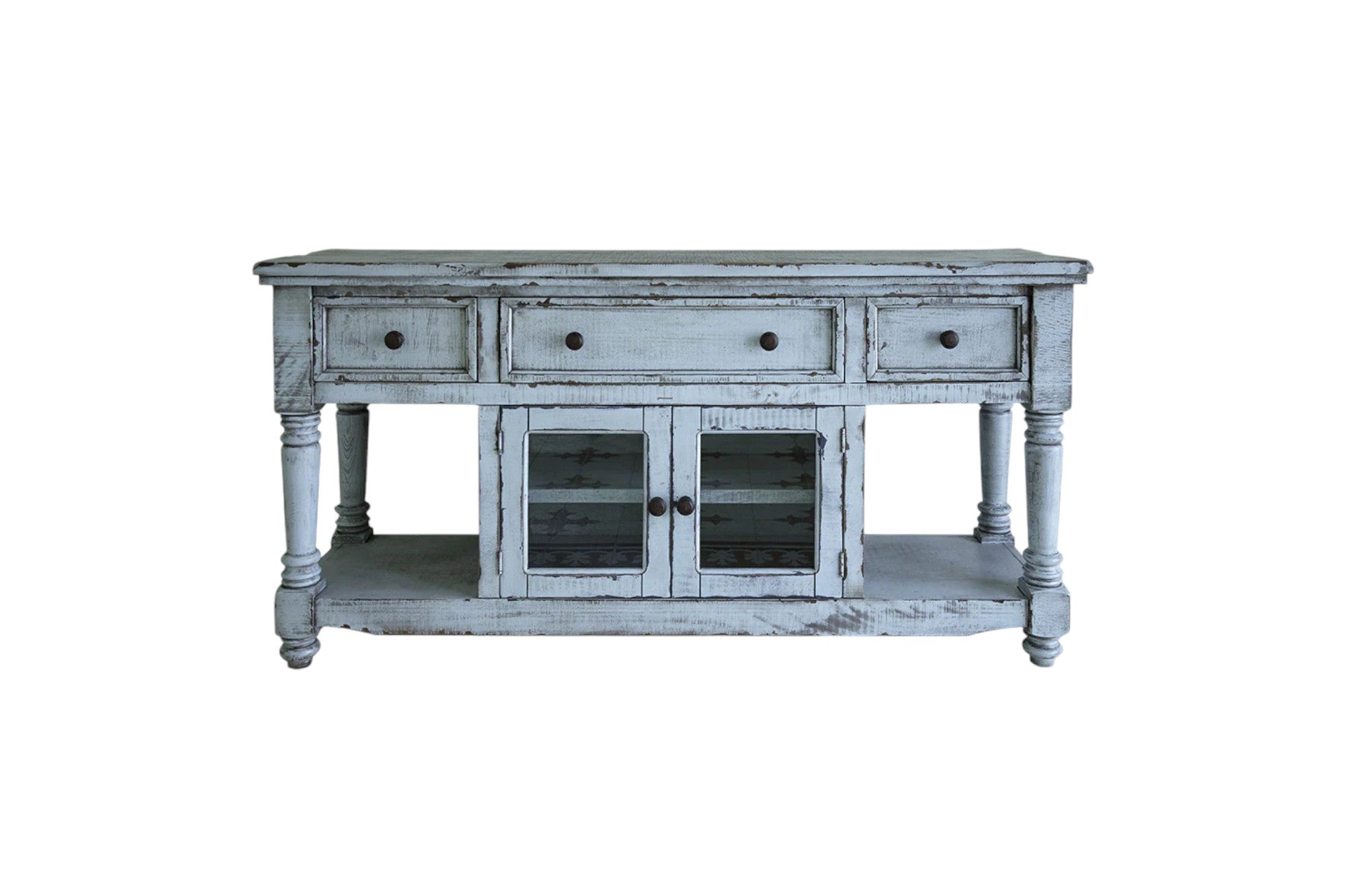 70" Blue Solid Wood Open shelving Distressed TV Stand