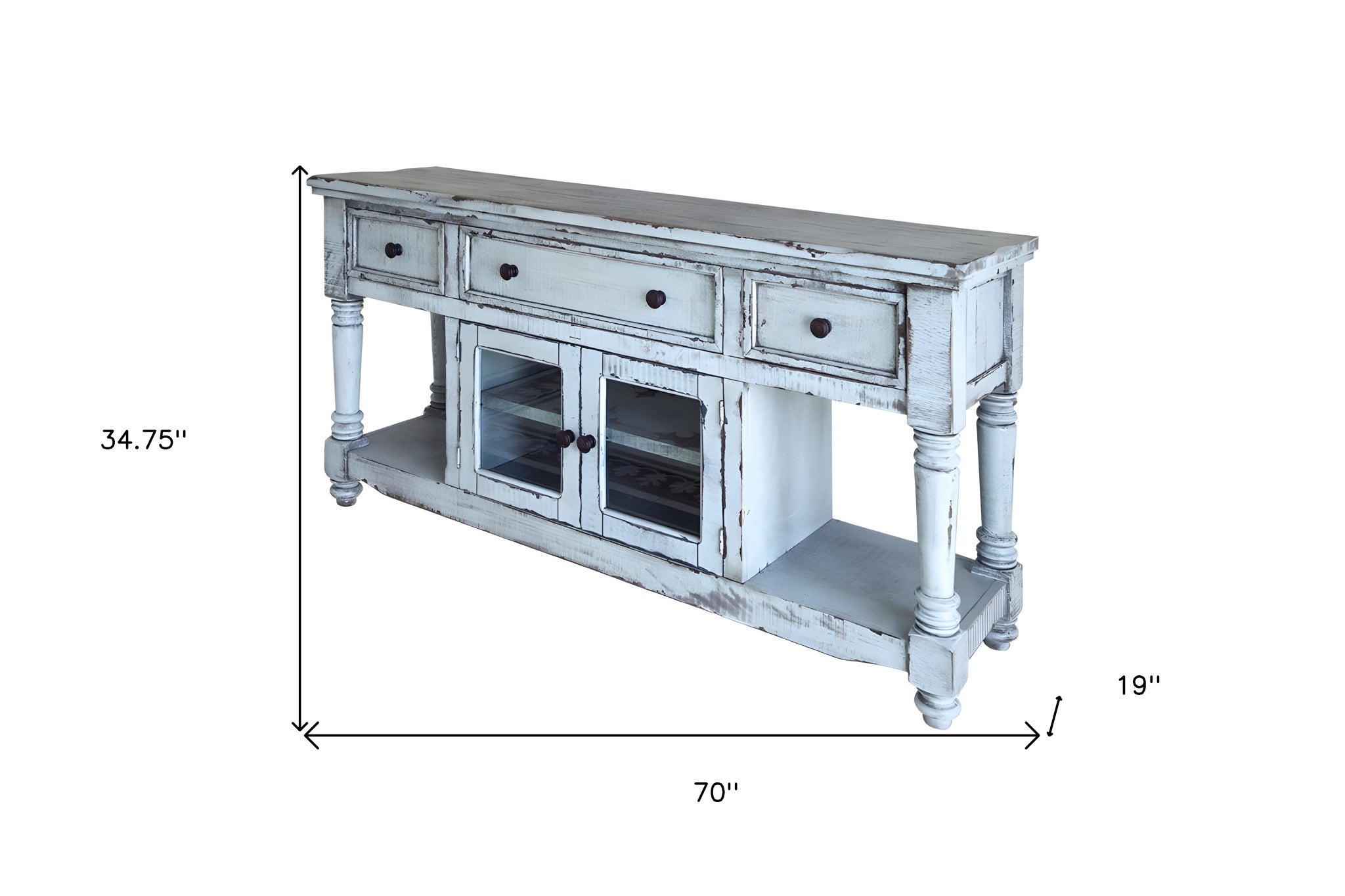 70" Blue Solid Wood Open shelving Distressed TV Stand