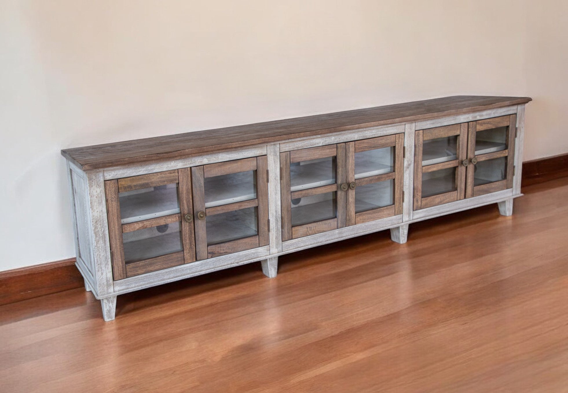 93" Gray and Ivory Solid Wood Cabinet Enclosed Storage Distressed TV Stand