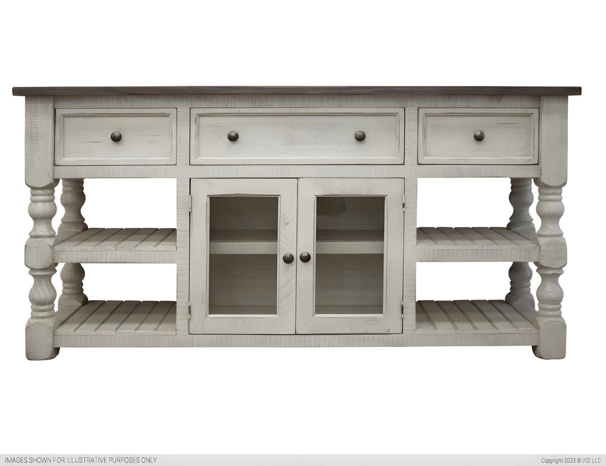 70" Ivory Solid Wood Open shelving Distressed TV Stand