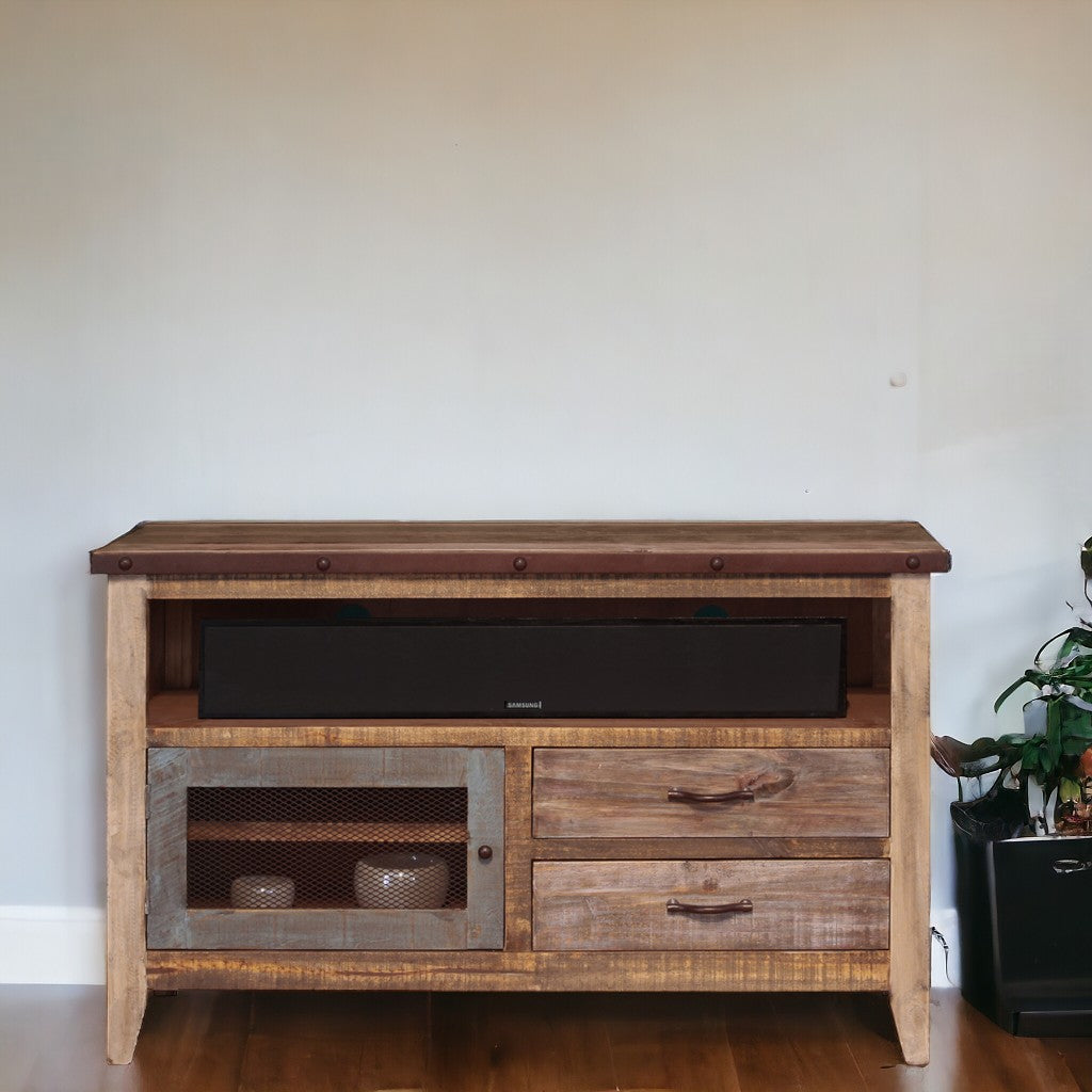 53" Brown Solid Wood Cabinet Enclosed Storage Distressed TV Stand