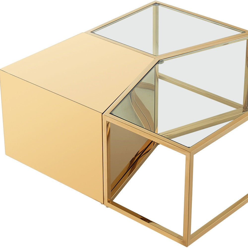 Set of Three 37" Clear And Gold Glass And Stainless Steel Square Mirrored Bunching Coffee Tables