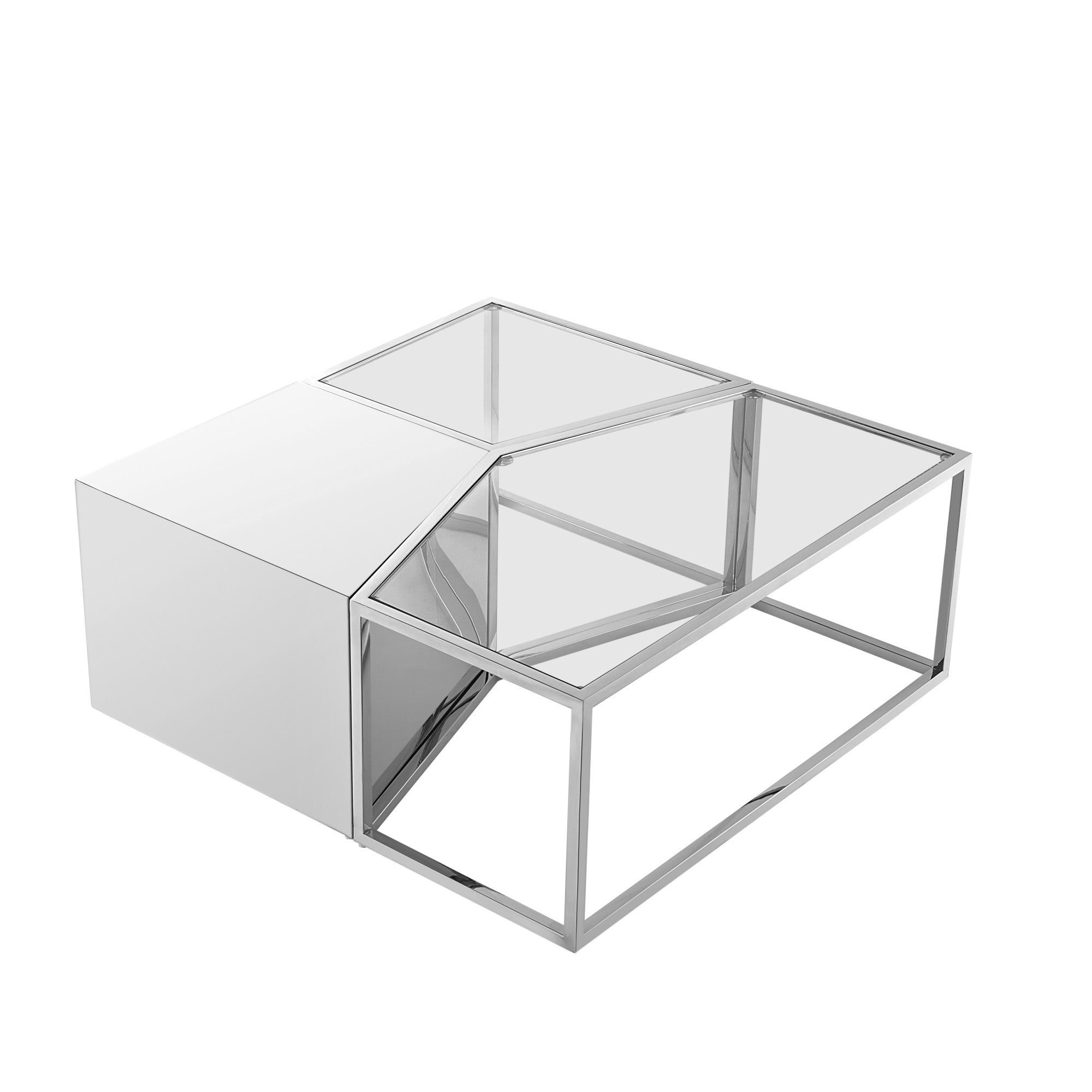 Set of Three 37" Clear And Gold Glass And Stainless Steel Square Mirrored Bunching Coffee Tables