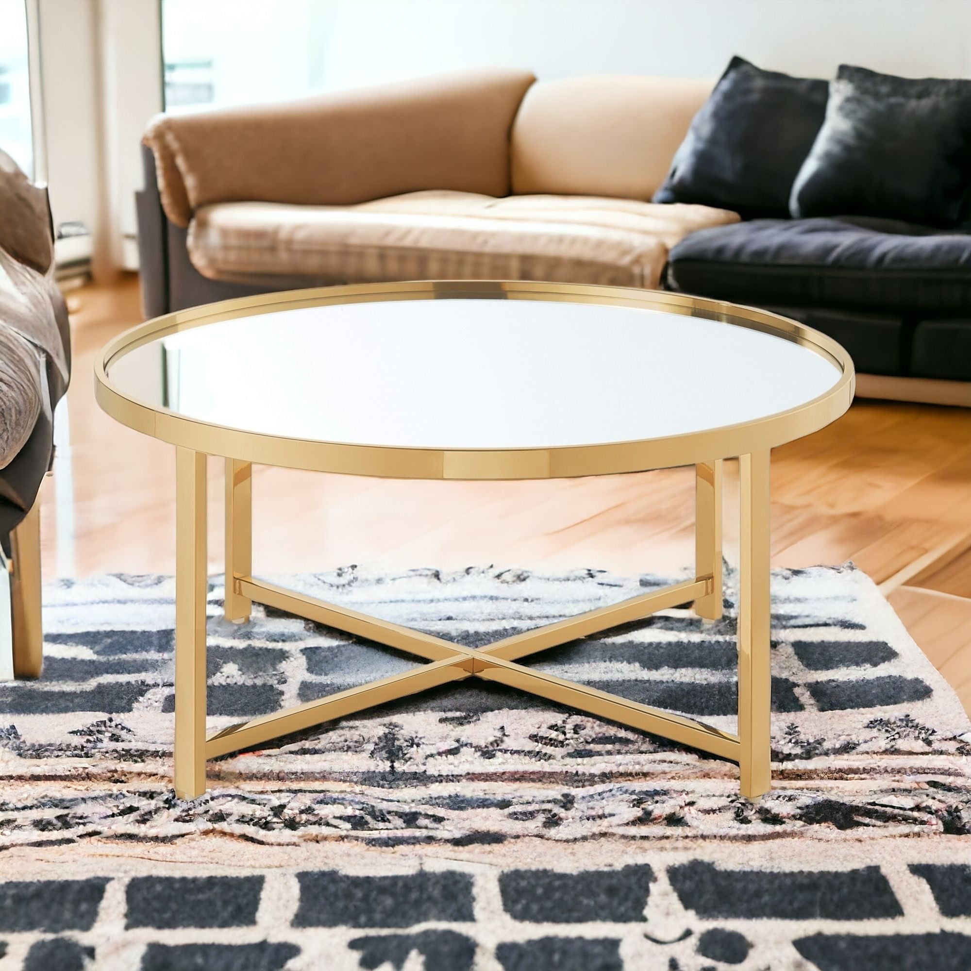 32" Silver And Gold Glass And Stainless Steel Round Mirrored Coffee Table