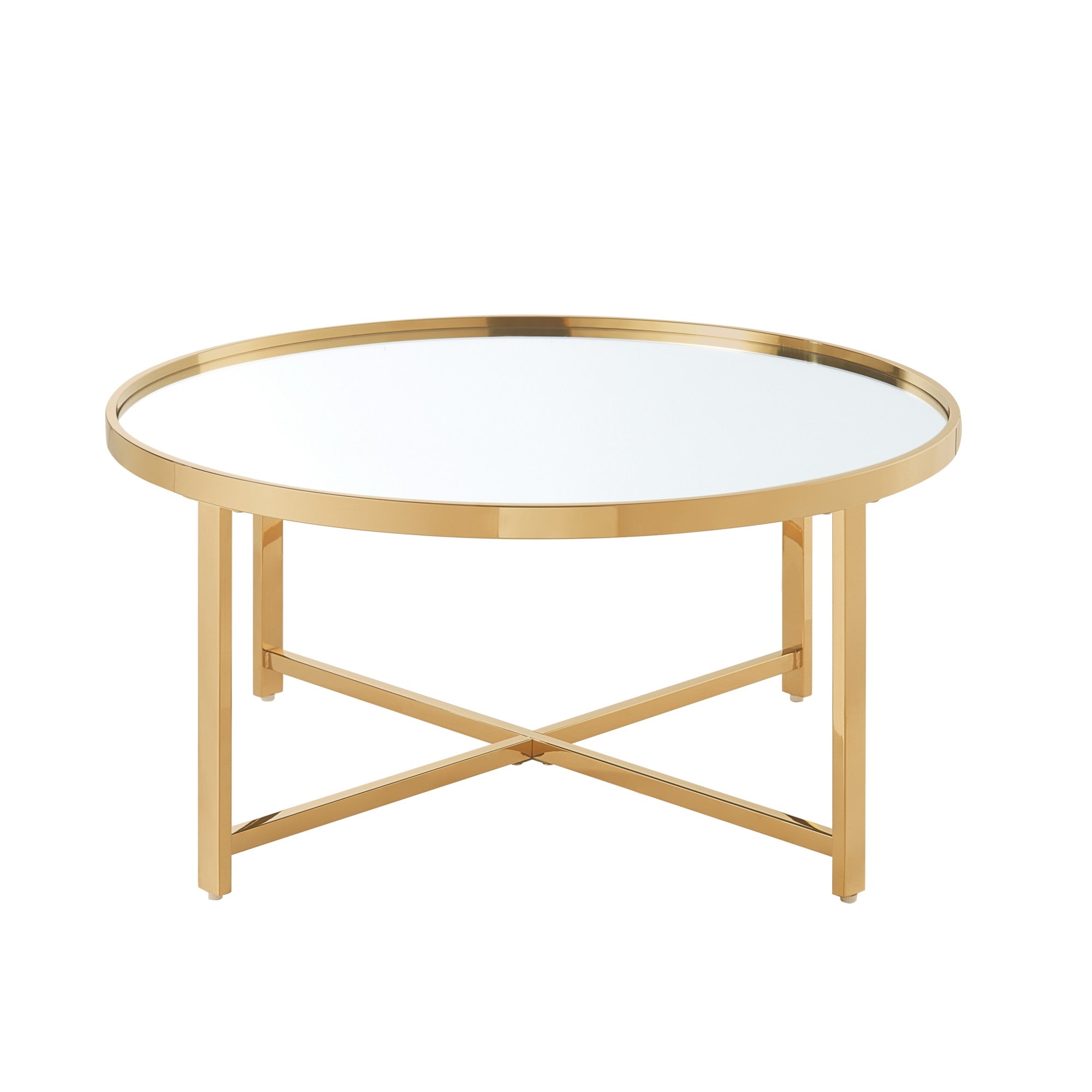 32" Silver And Gold Glass And Stainless Steel Round Mirrored Coffee Table