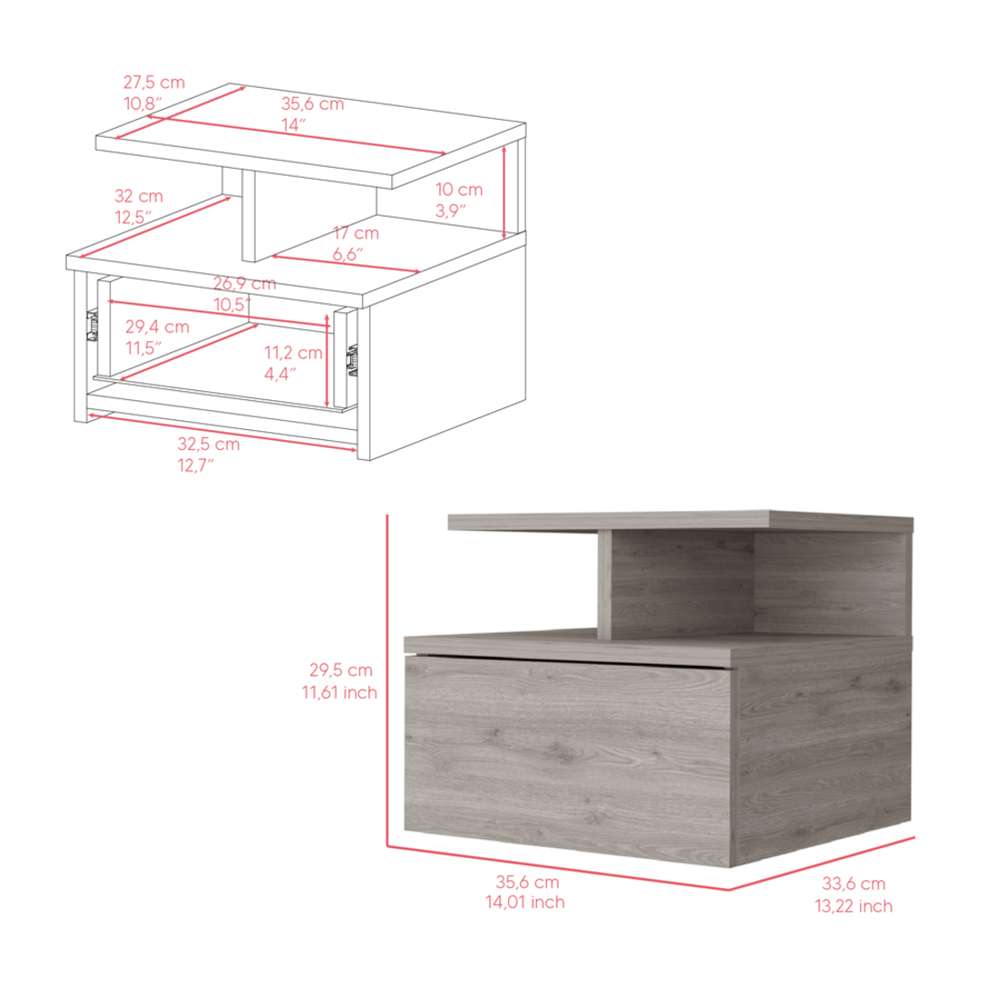 12" Light Gray One Drawer Faux Wood Nightstand